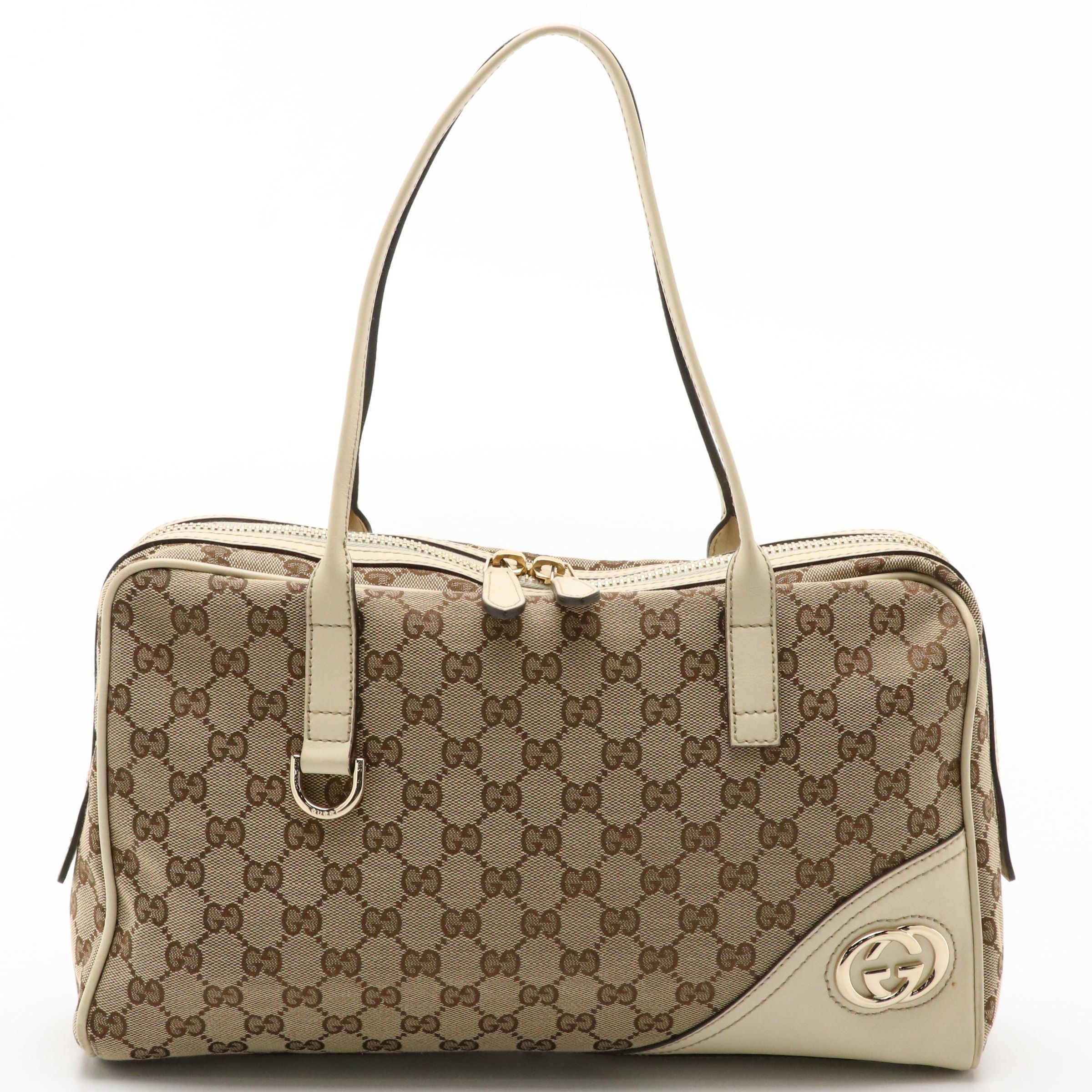 Gucci Britt Boston Shoulder Bag in GG Canvas and White Leather