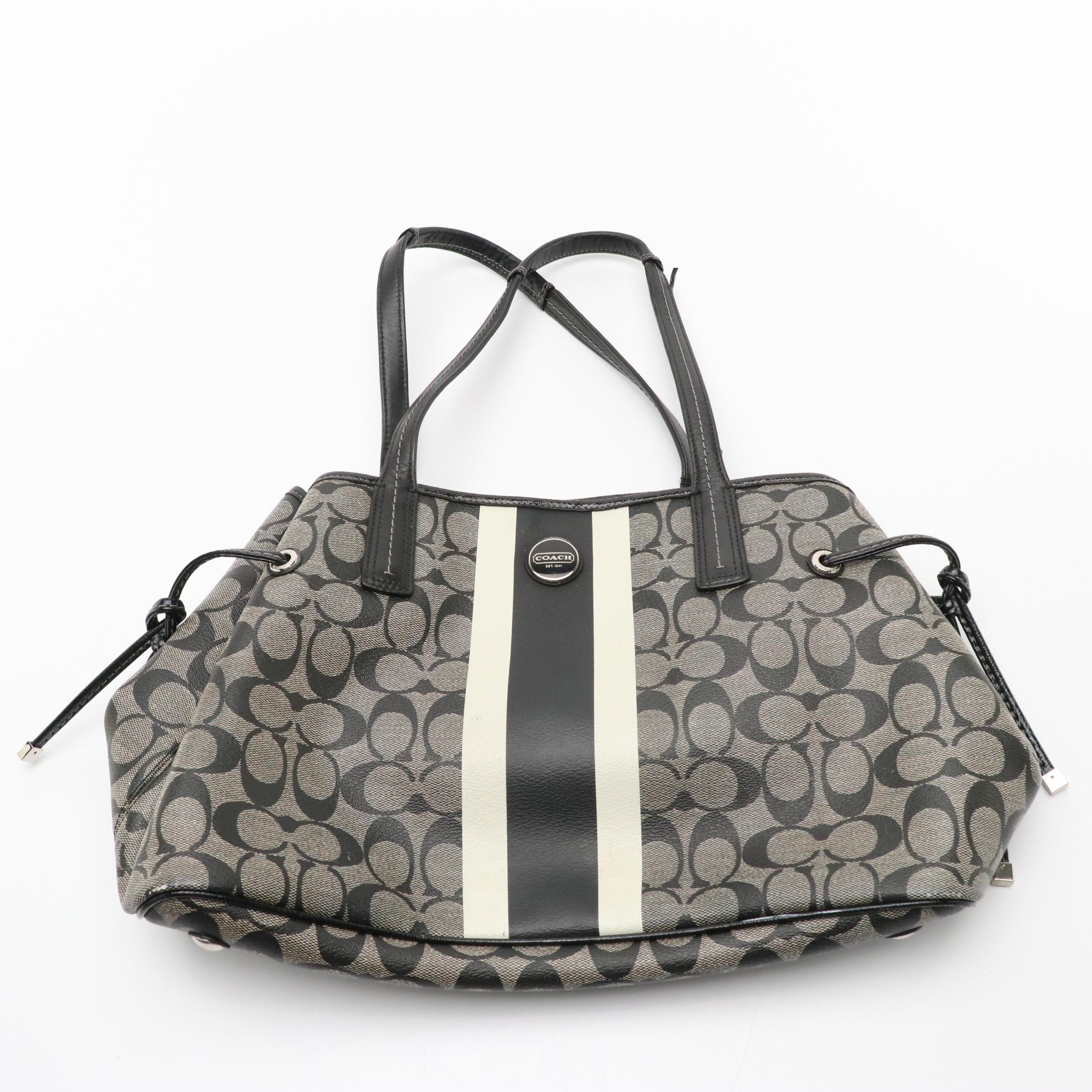 Coach Navy Signature Canvas Hobo Shoulder Bag & Wallet, Heritage Stripe Tote Bag