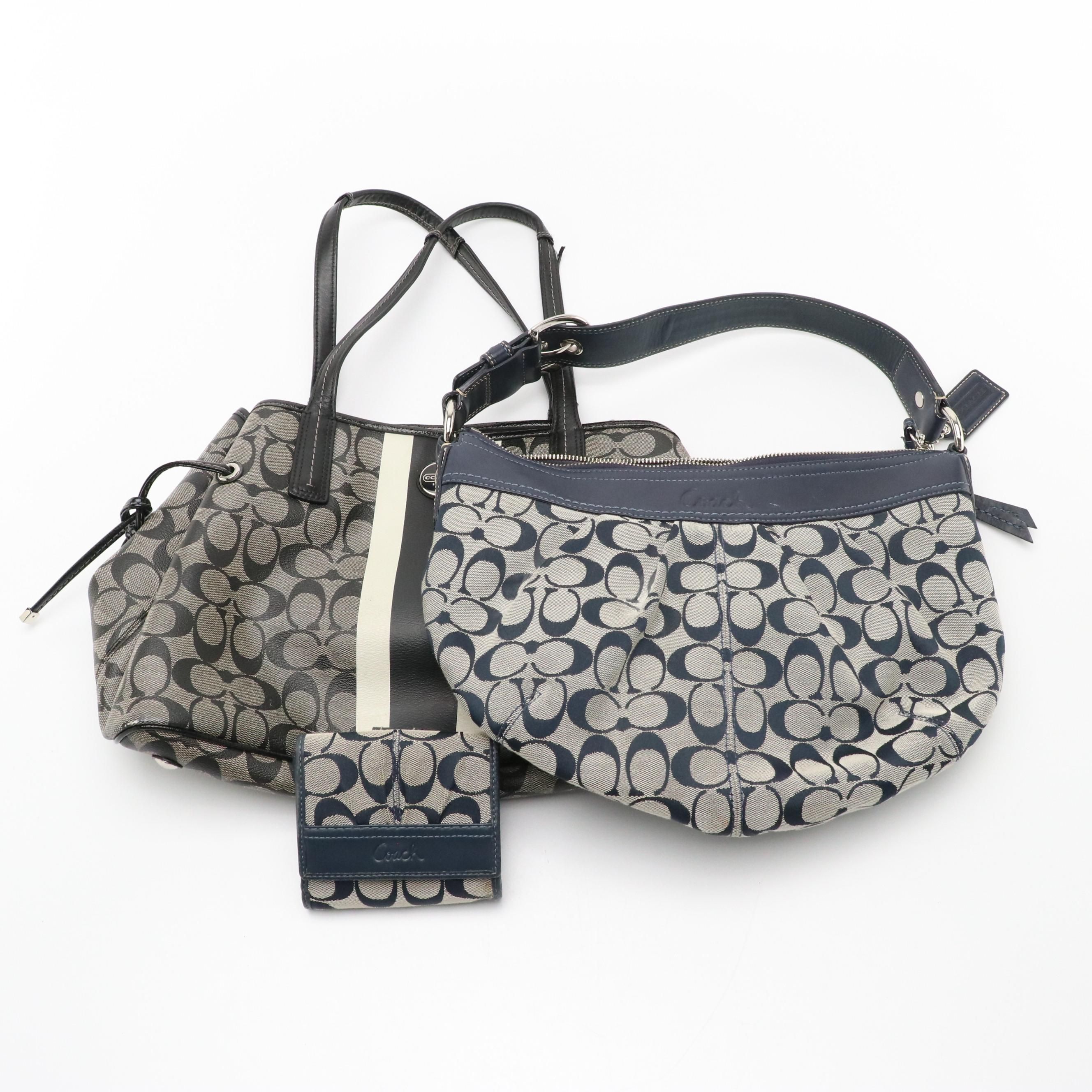 Coach Navy Signature Canvas Hobo Shoulder Bag & Wallet, Heritage Stripe Tote Bag