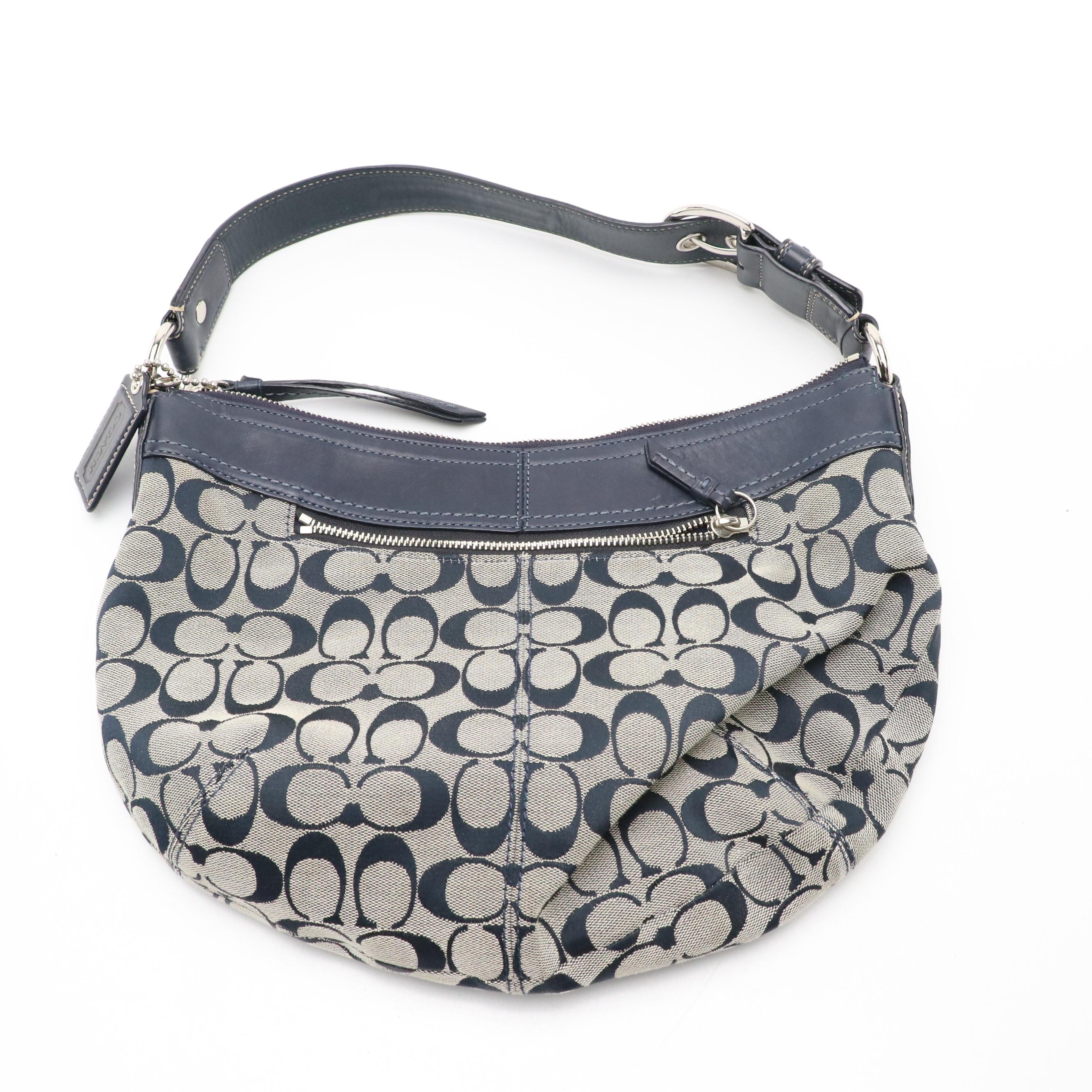 Coach Navy Signature Canvas Hobo Shoulder Bag & Wallet, Heritage Stripe Tote Bag
