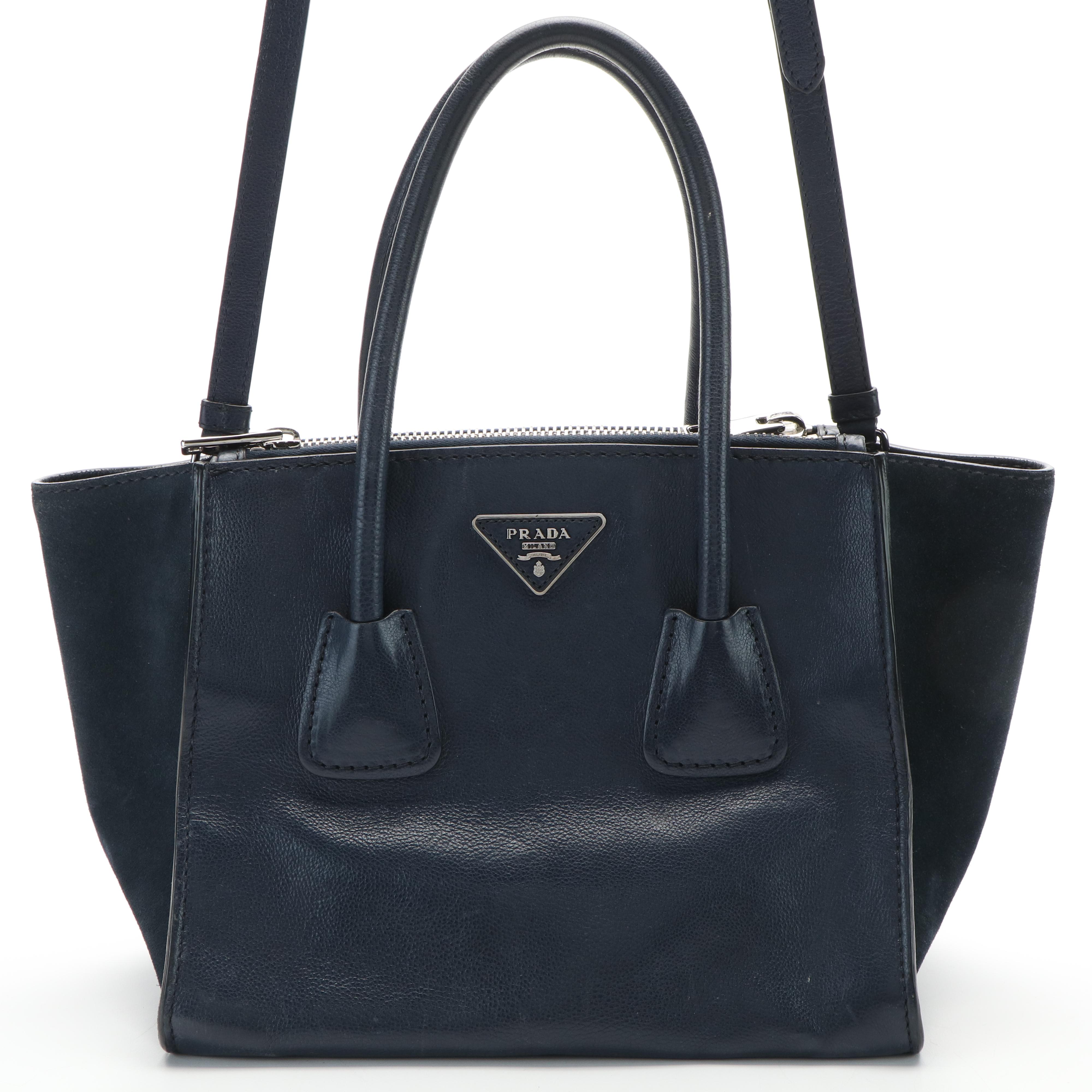 Prada 2Way Double Zip Tote in Glacé Calfskin Leather and Suede