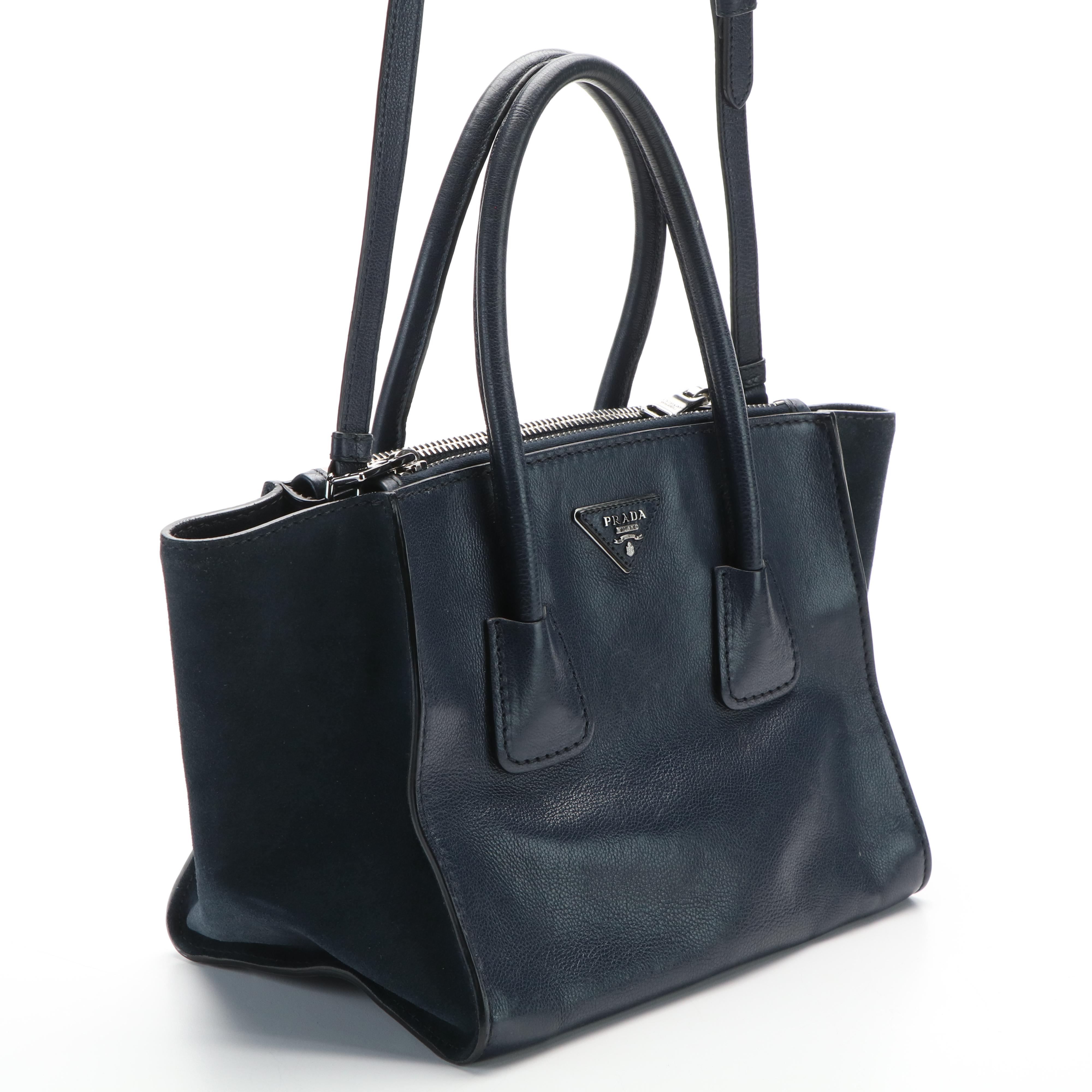 Prada 2Way Double Zip Tote in Glacé Calfskin Leather and Suede