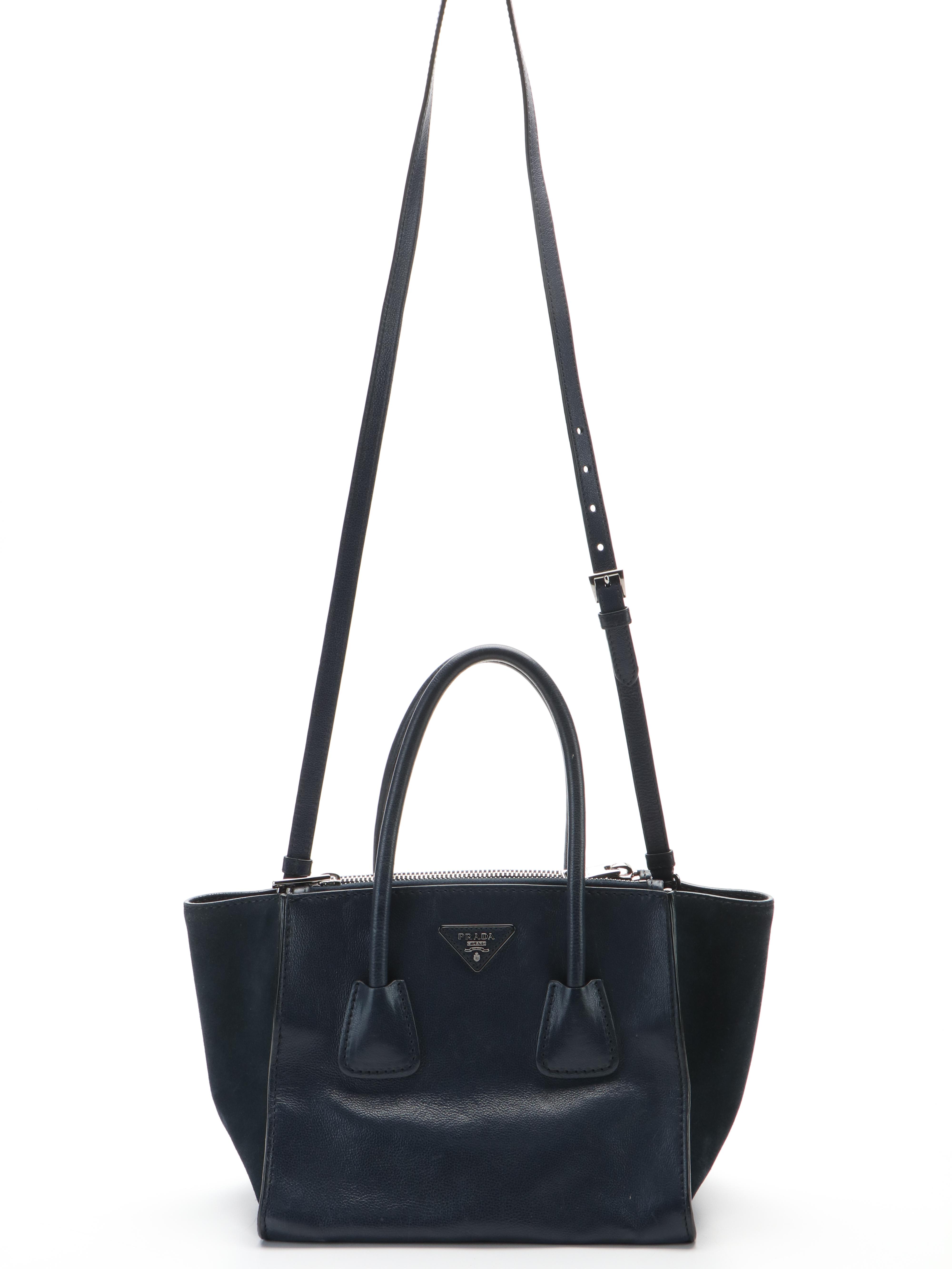 Prada 2Way Double Zip Tote in Glacé Calfskin Leather and Suede