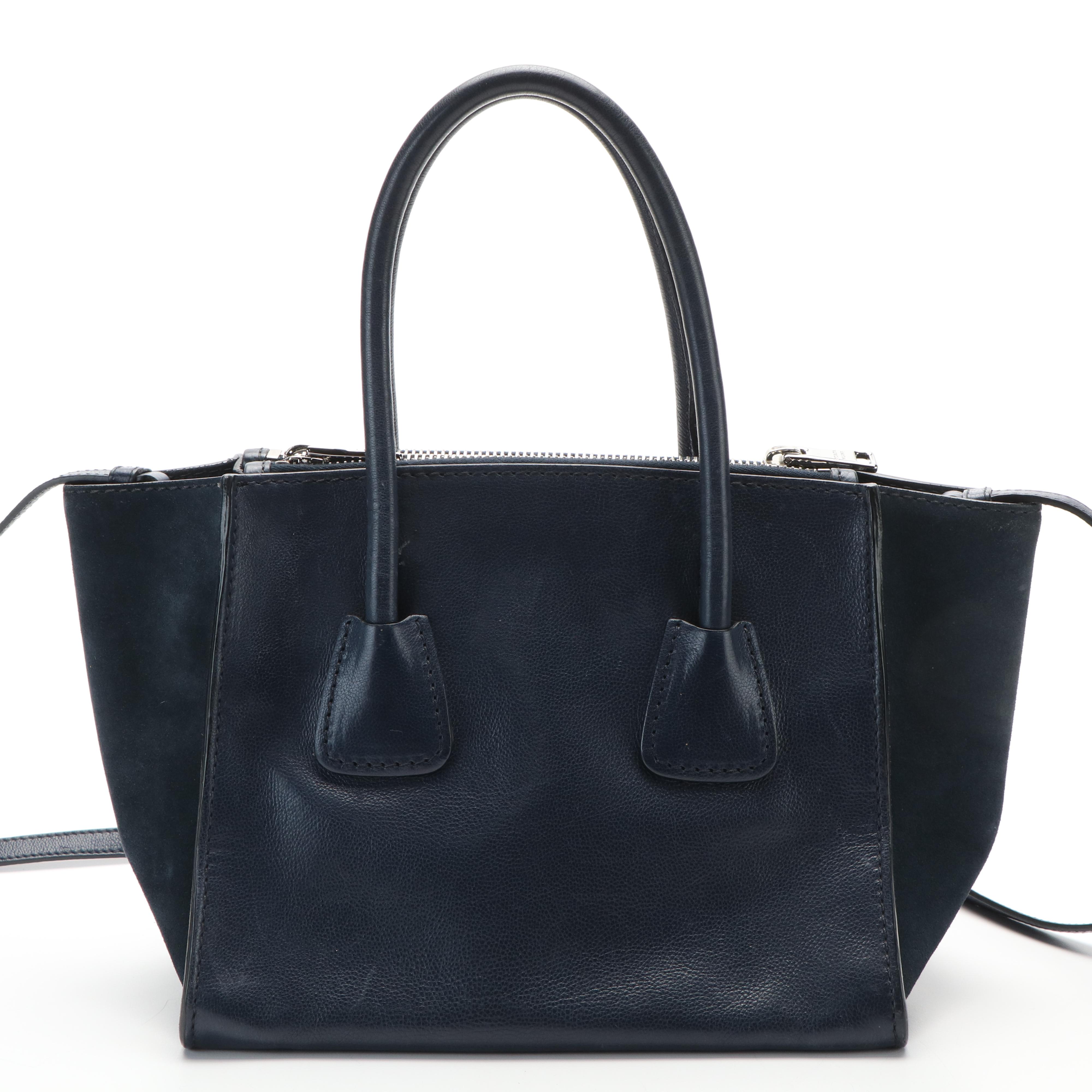 Prada 2Way Double Zip Tote in Glacé Calfskin Leather and Suede