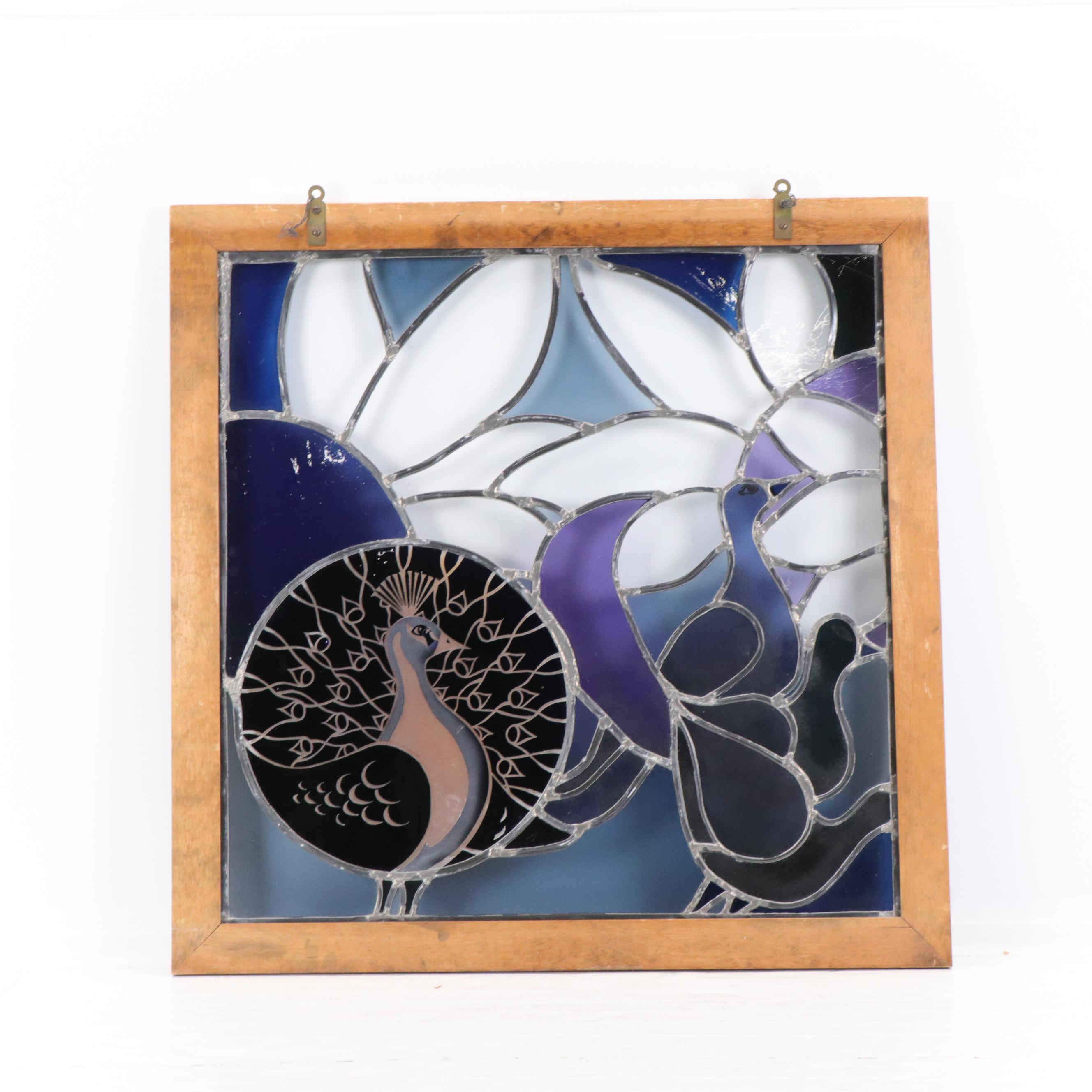 Hanging Stained Glass Window with Peacock Design