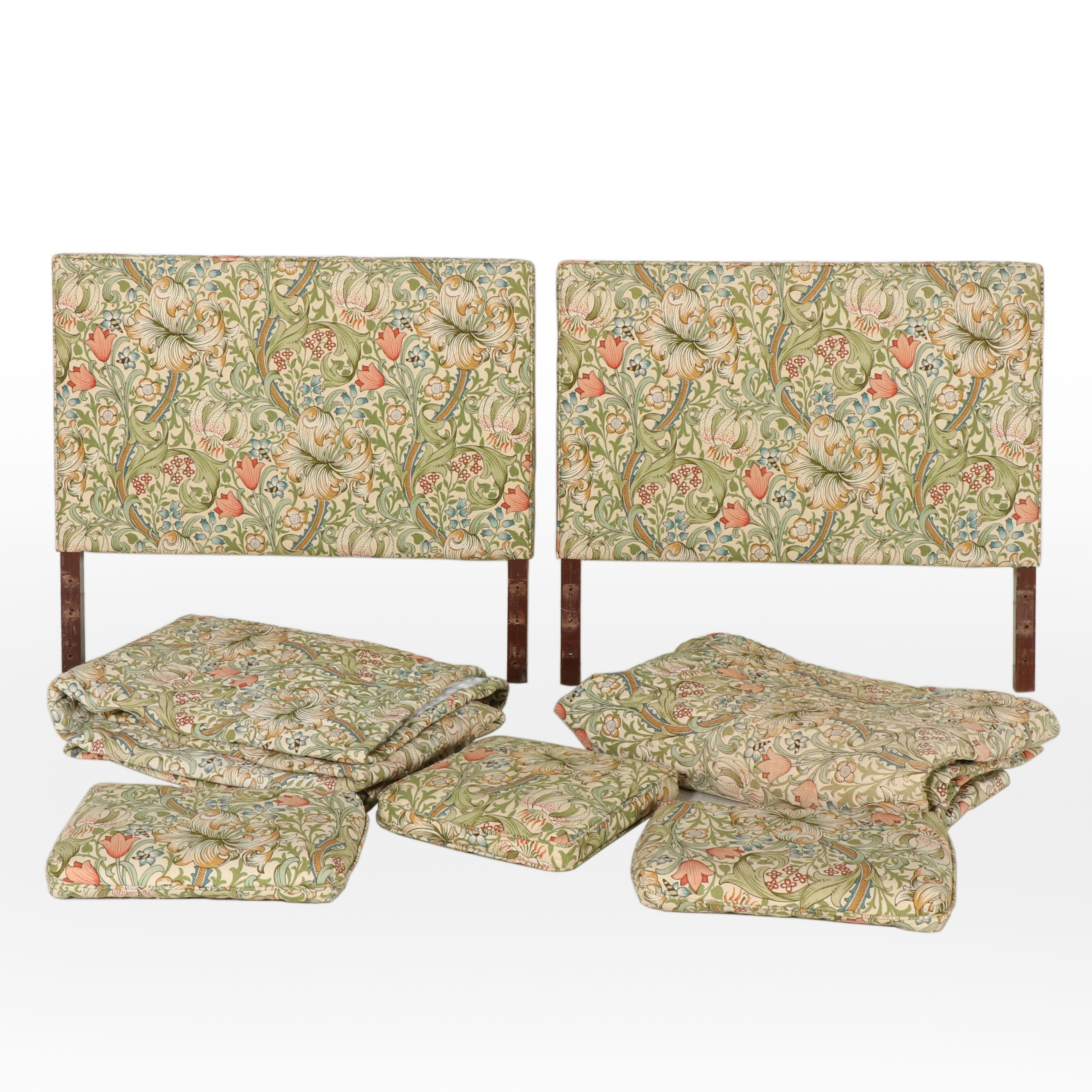 Morris & Co. "Golden Lily" Upholstered Twin Headboards and Linens