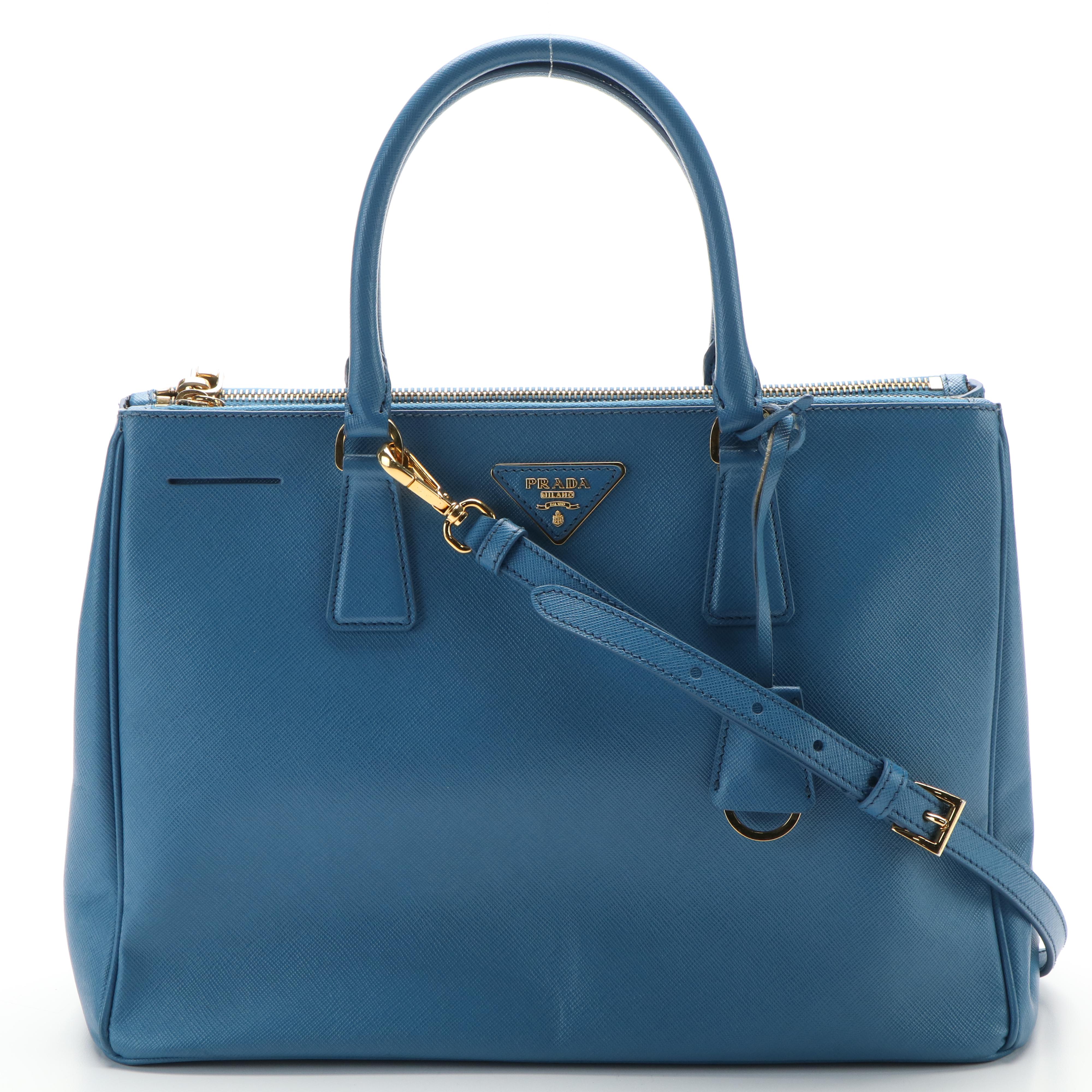 Prada 2Way Top Handle Bag in Cerulean Blue Saffiano Lux Leather