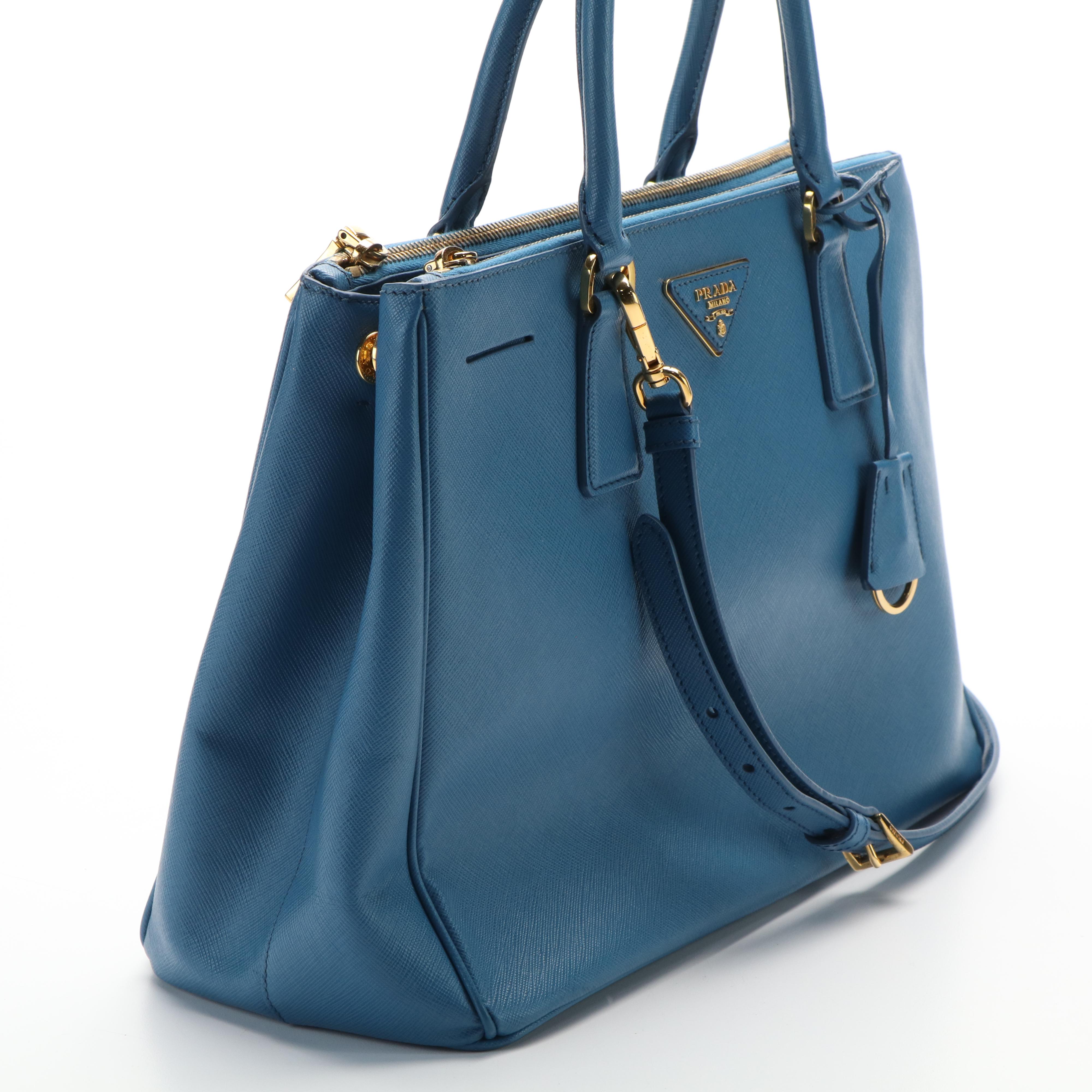 Prada 2Way Top Handle Bag in Cerulean Blue Saffiano Lux Leather