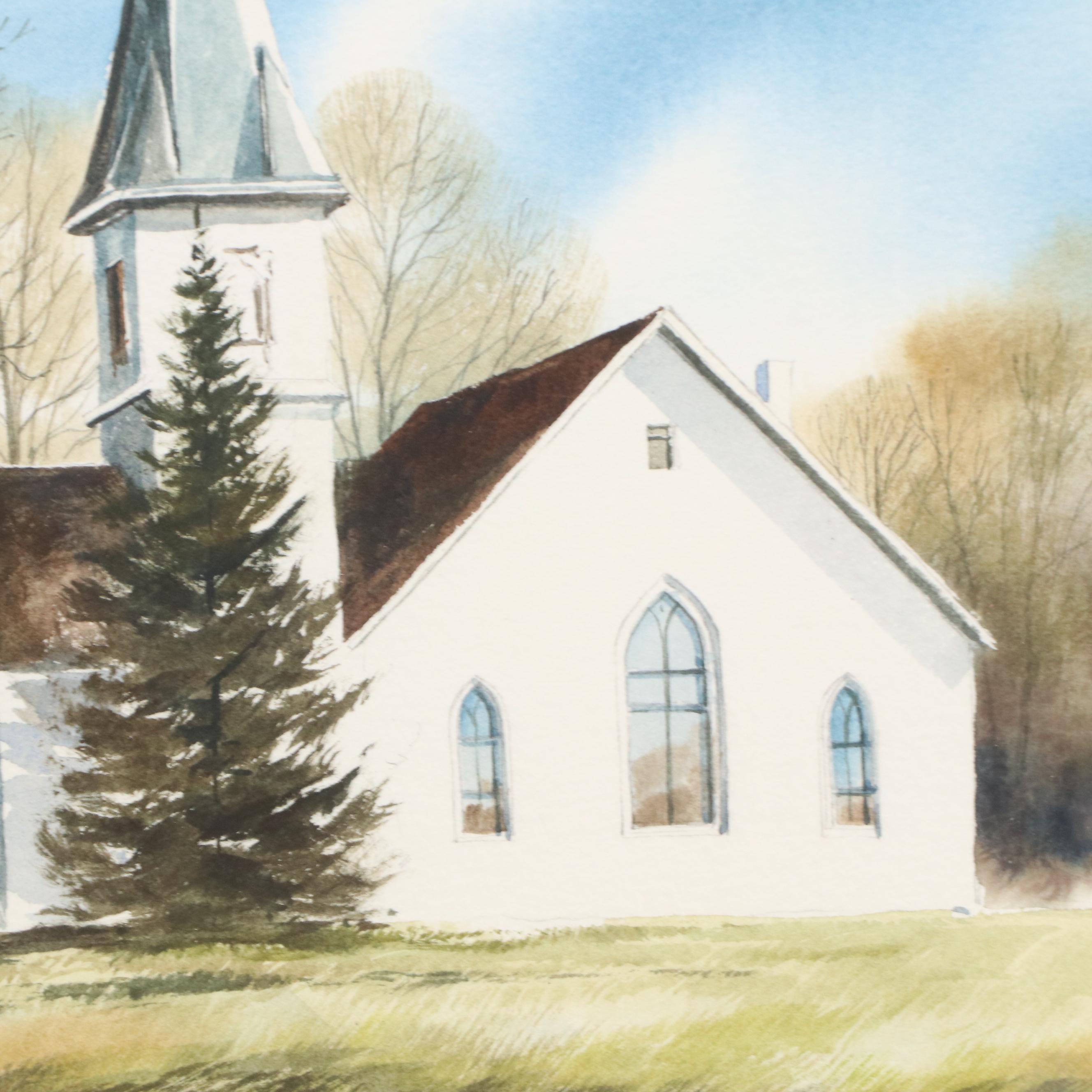 James Werline Landscape with Church Watercolor Painting, 21st Century