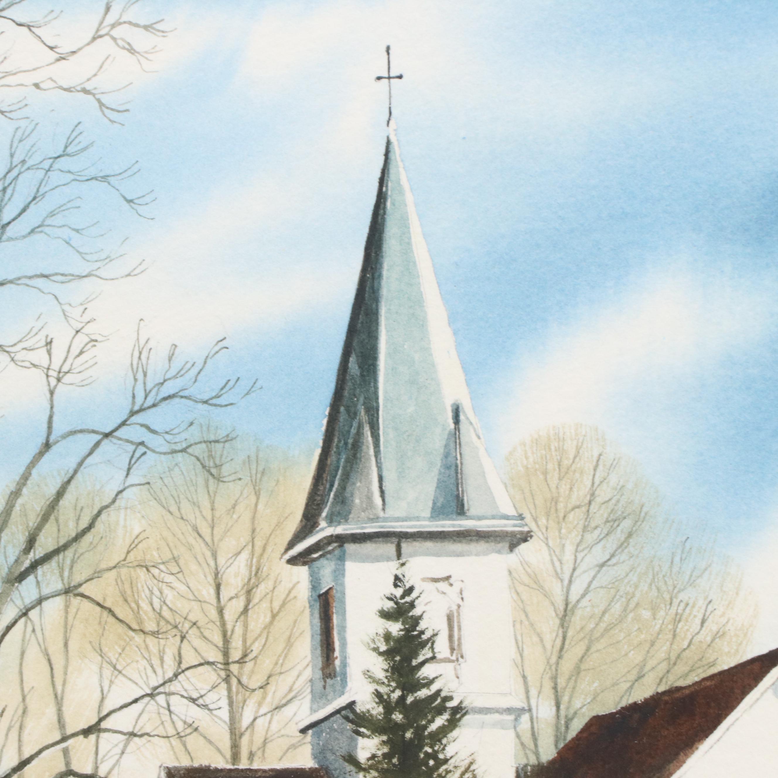 James Werline Landscape with Church Watercolor Painting, 21st Century
