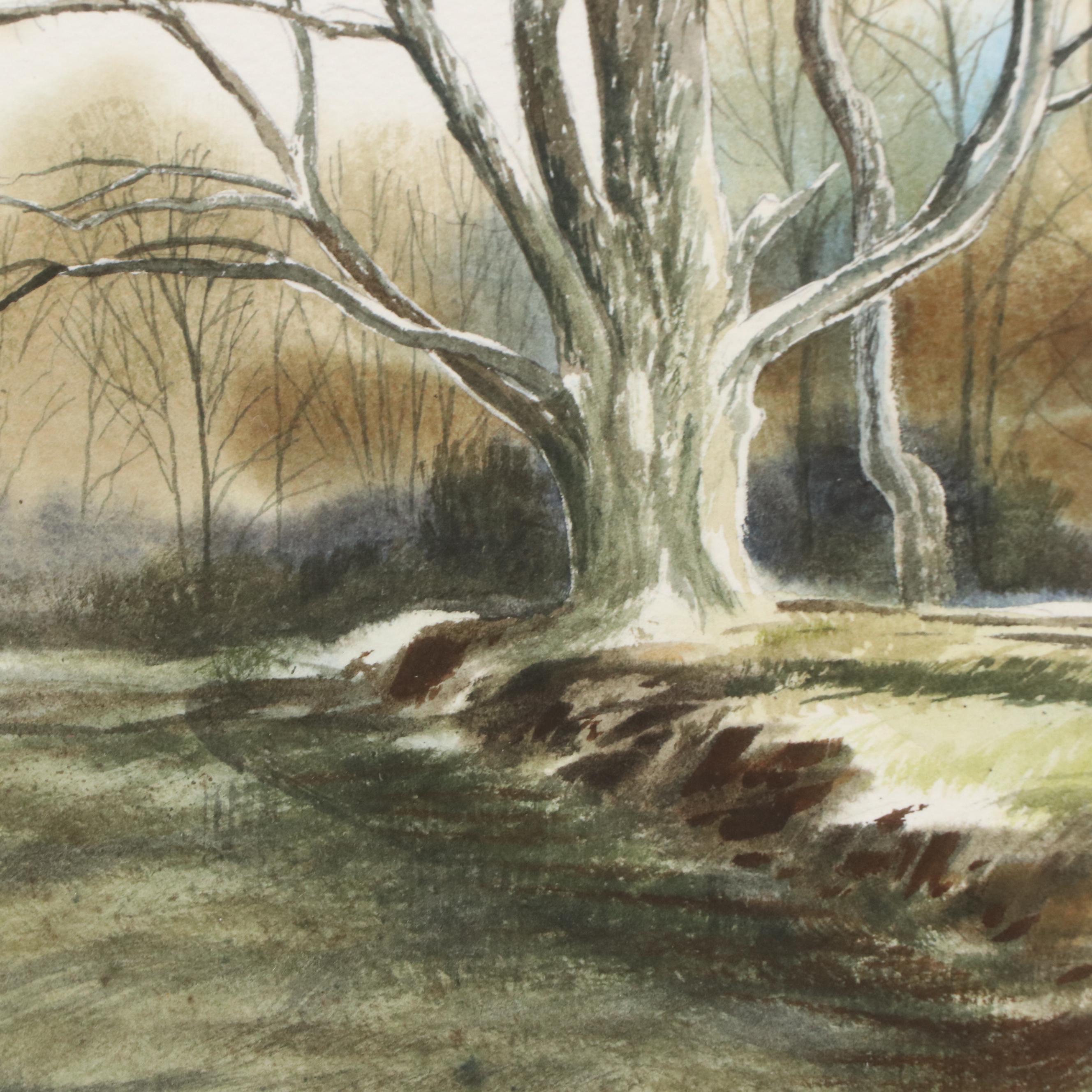 James Werline Landscape with Church Watercolor Painting, 21st Century