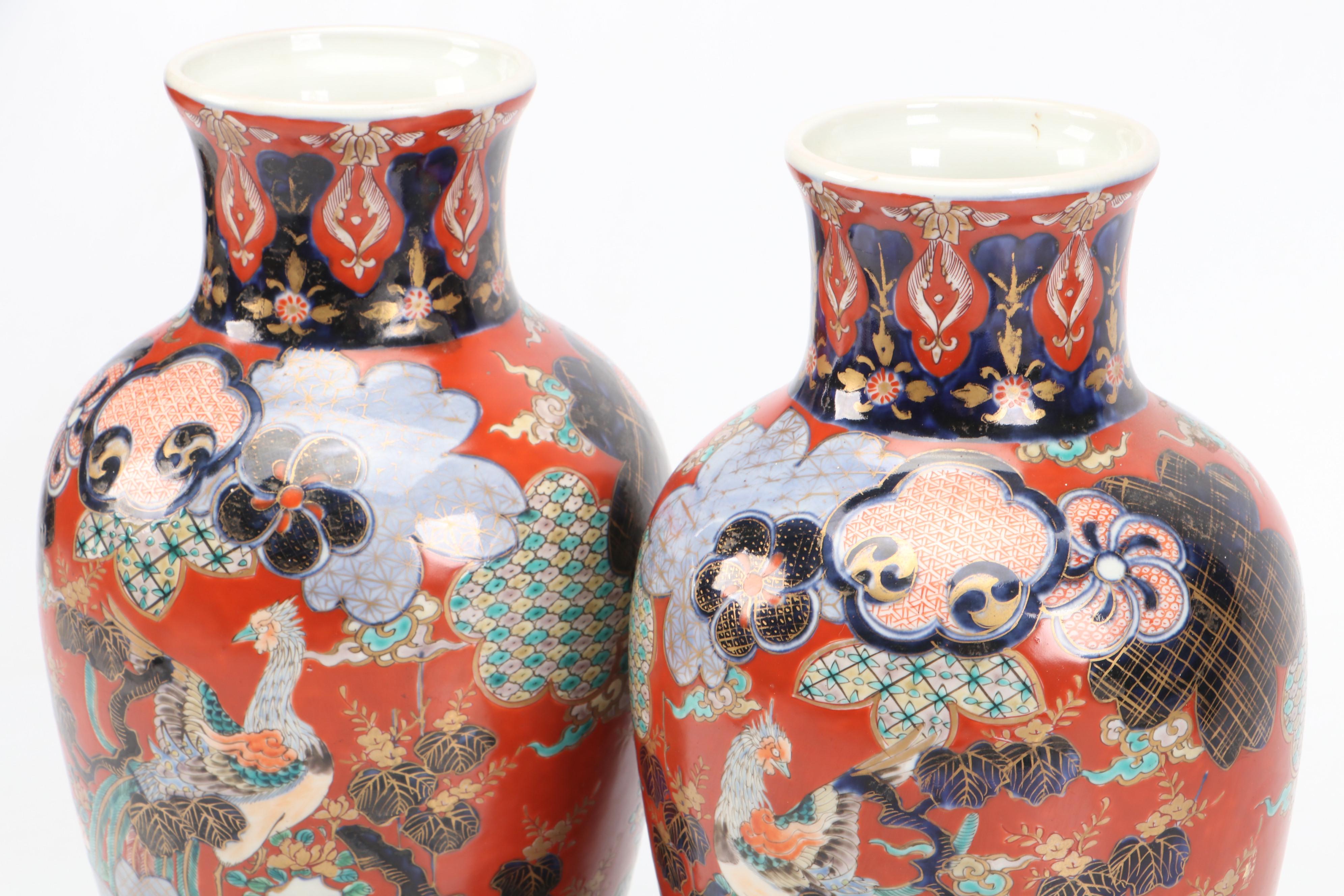 Pair of Japanese Porcelain Imari Baluster Vases with Wooden Stands