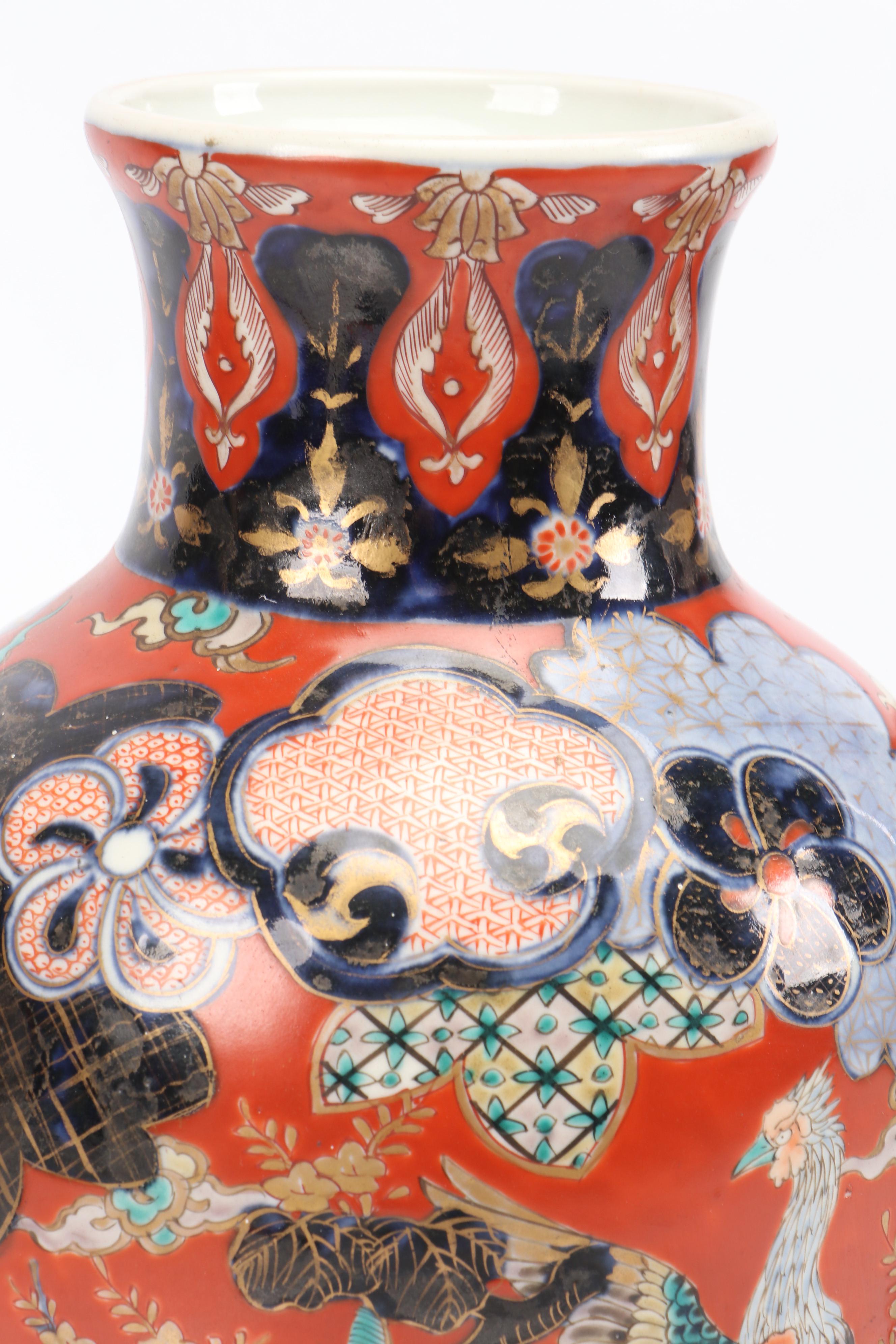 Pair of Japanese Porcelain Imari Baluster Vases with Wooden Stands