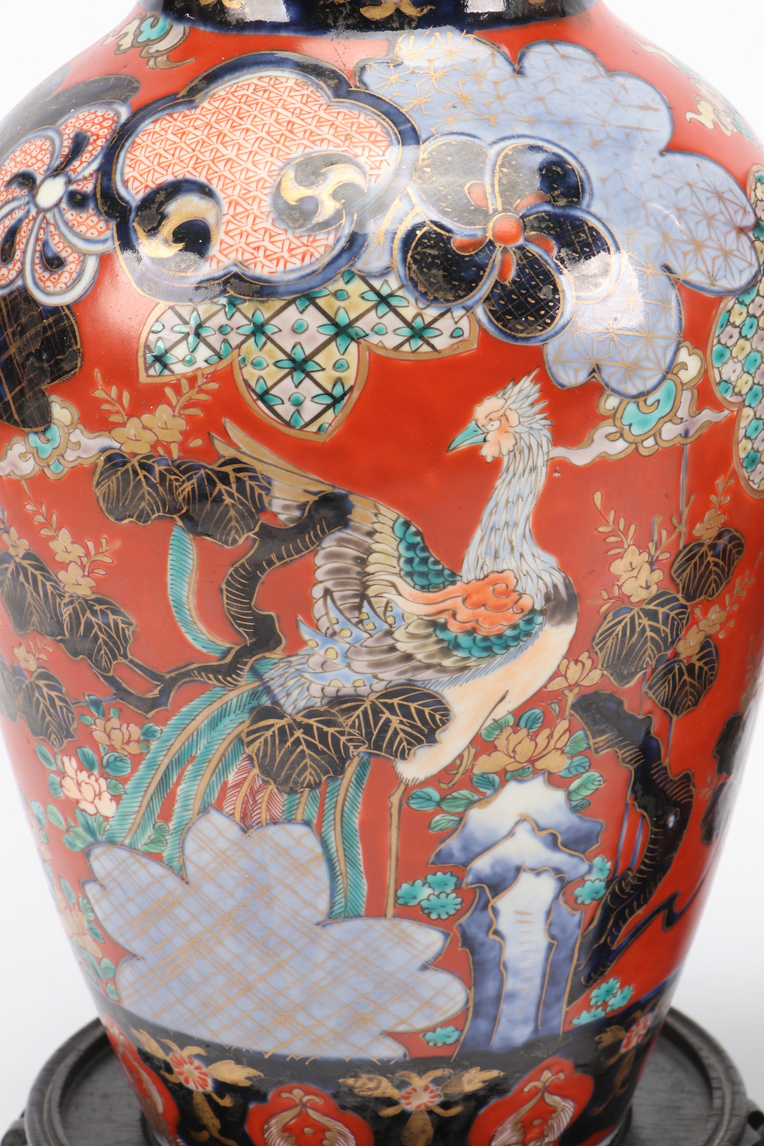 Pair of Japanese Porcelain Imari Baluster Vases with Wooden Stands