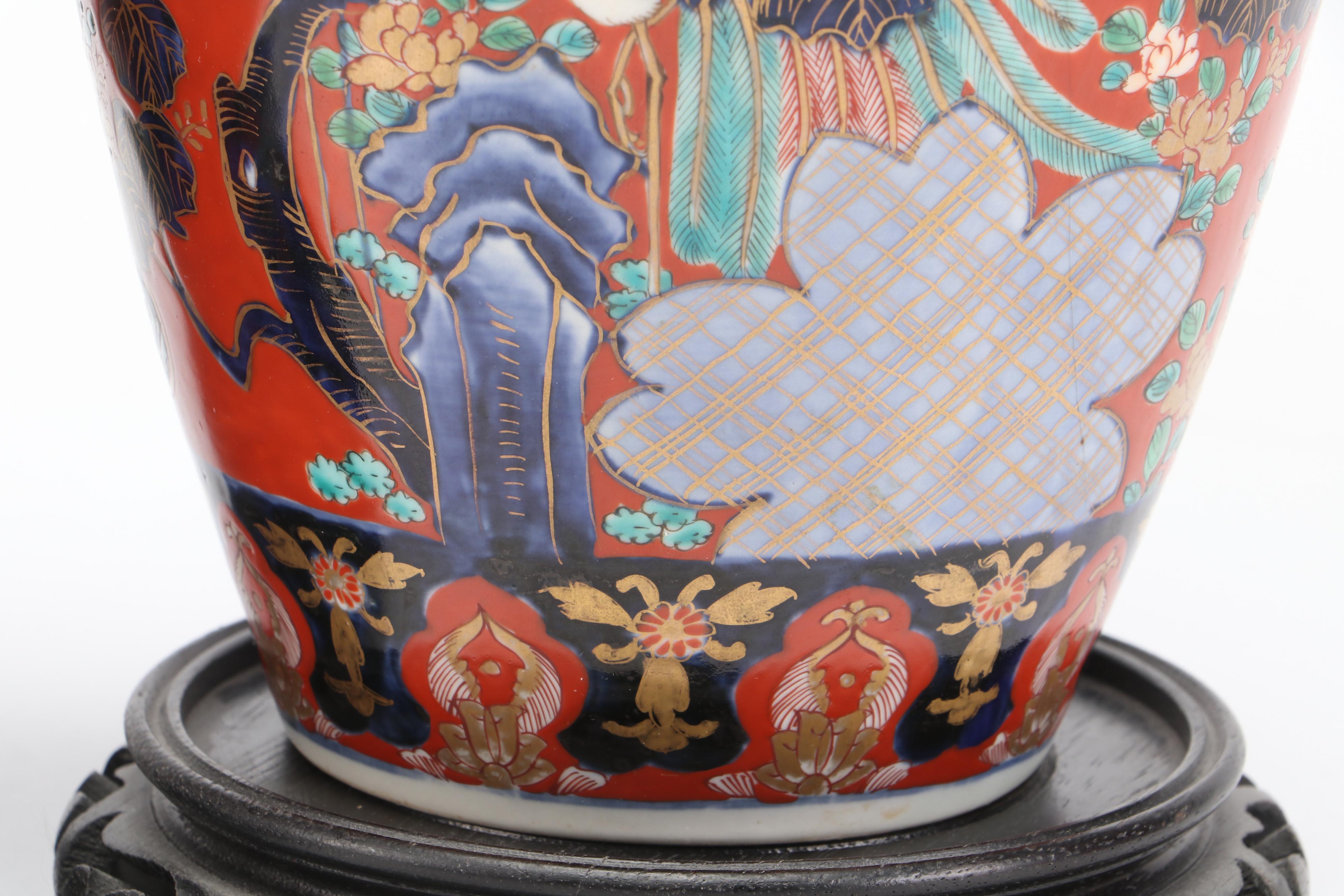 Pair of Japanese Porcelain Imari Baluster Vases with Wooden Stands