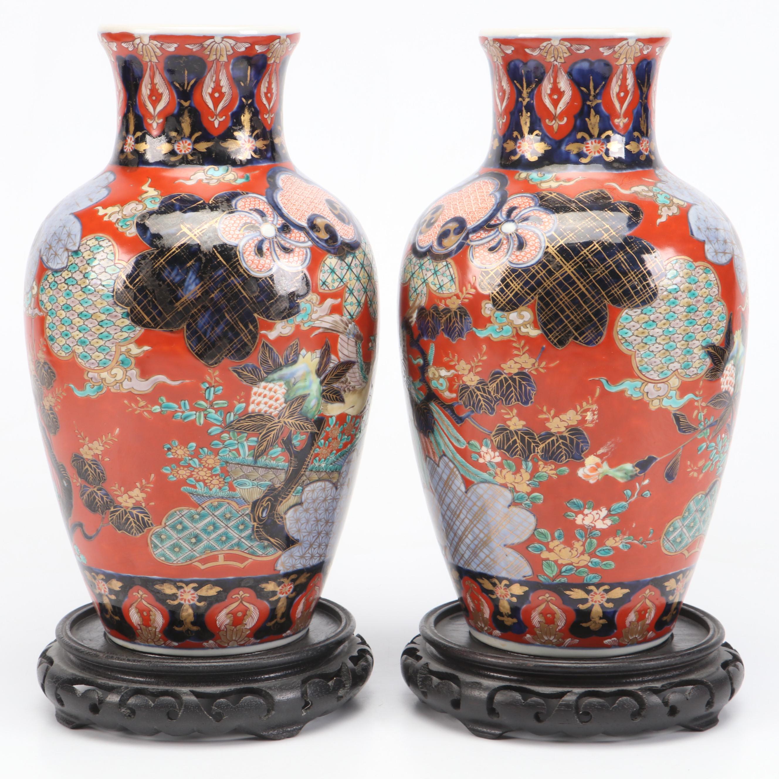 Pair of Japanese Porcelain Imari Baluster Vases with Wooden Stands
