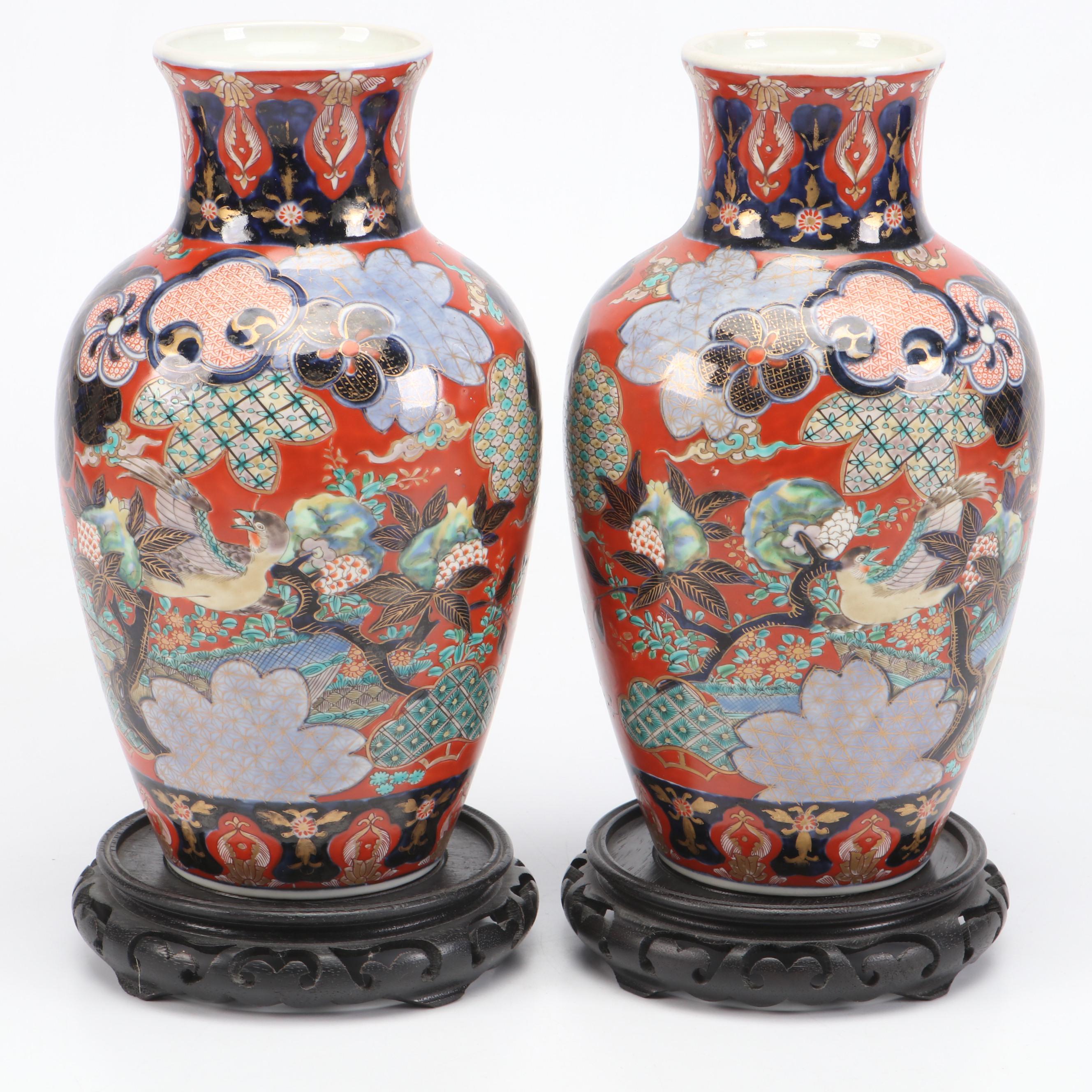 Pair of Japanese Porcelain Imari Baluster Vases with Wooden Stands