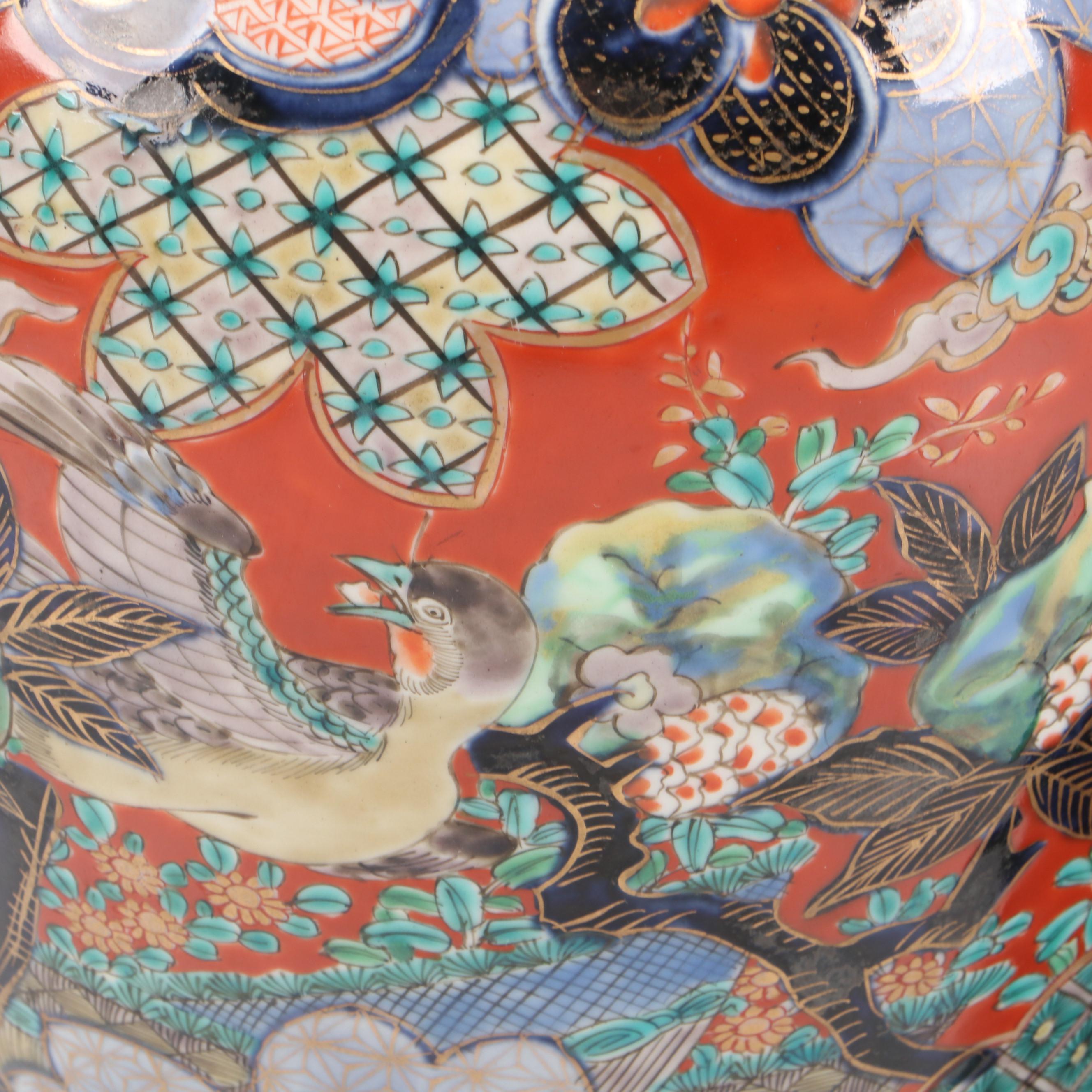 Pair of Japanese Porcelain Imari Baluster Vases with Wooden Stands