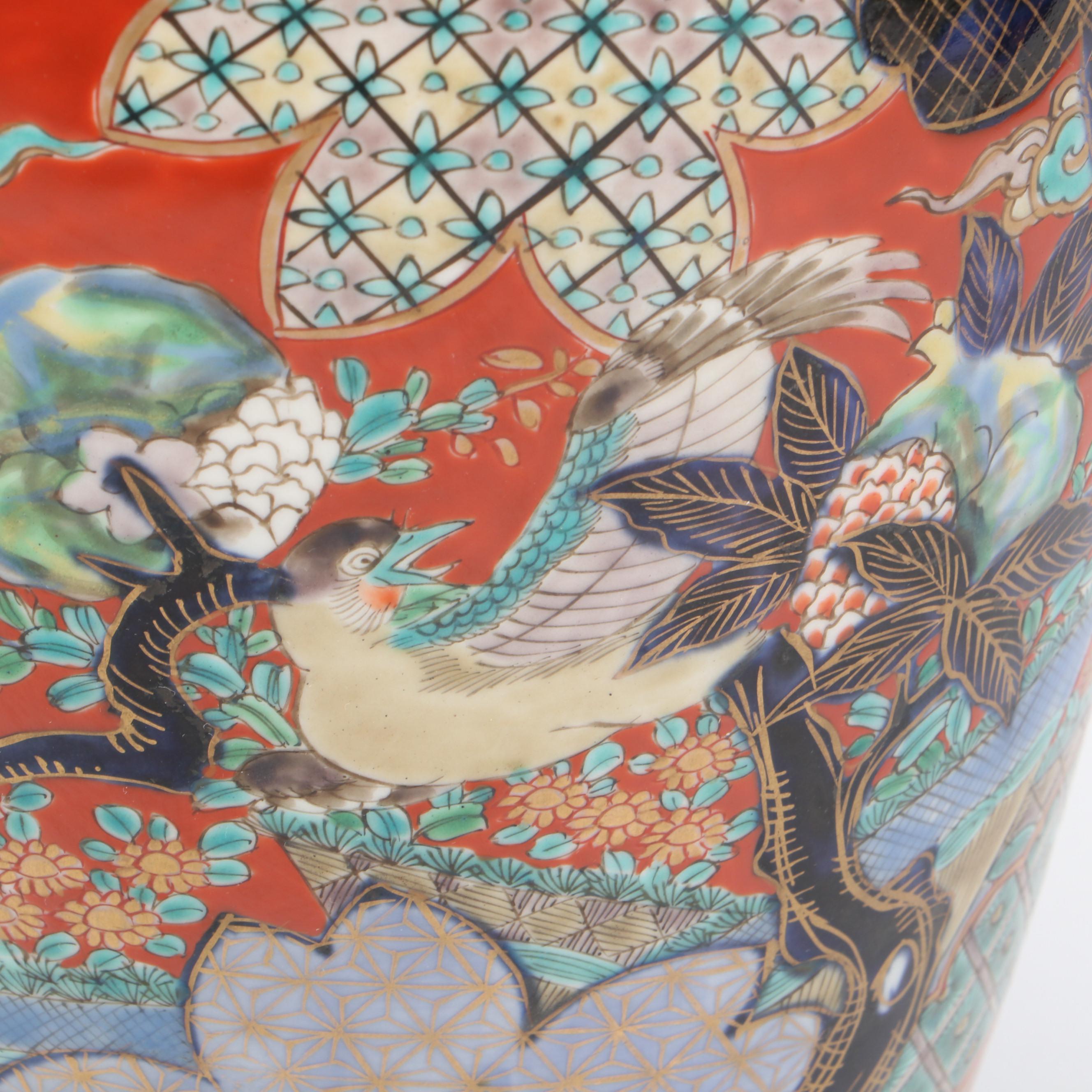 Pair of Japanese Porcelain Imari Baluster Vases with Wooden Stands