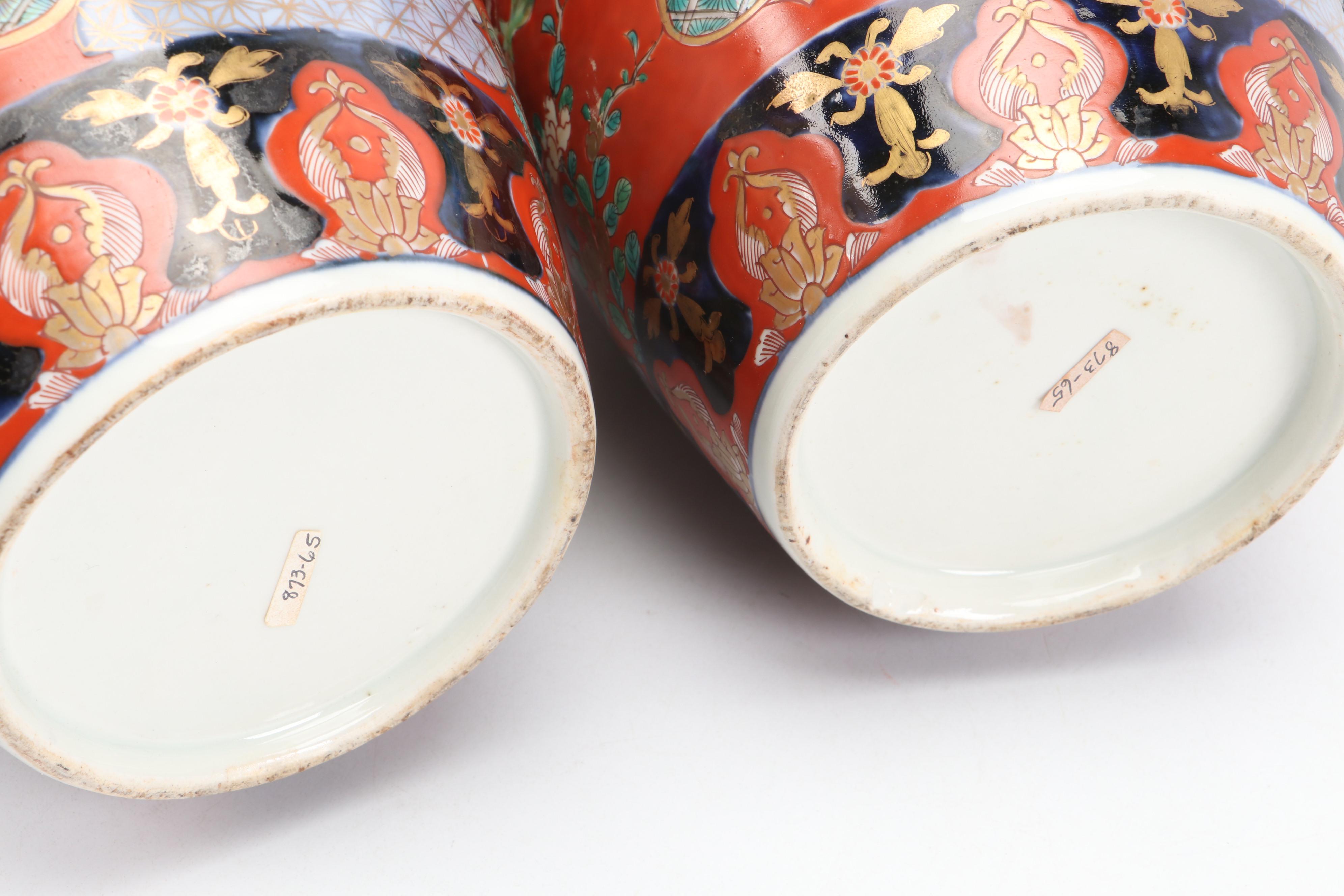 Pair of Japanese Porcelain Imari Baluster Vases with Wooden Stands