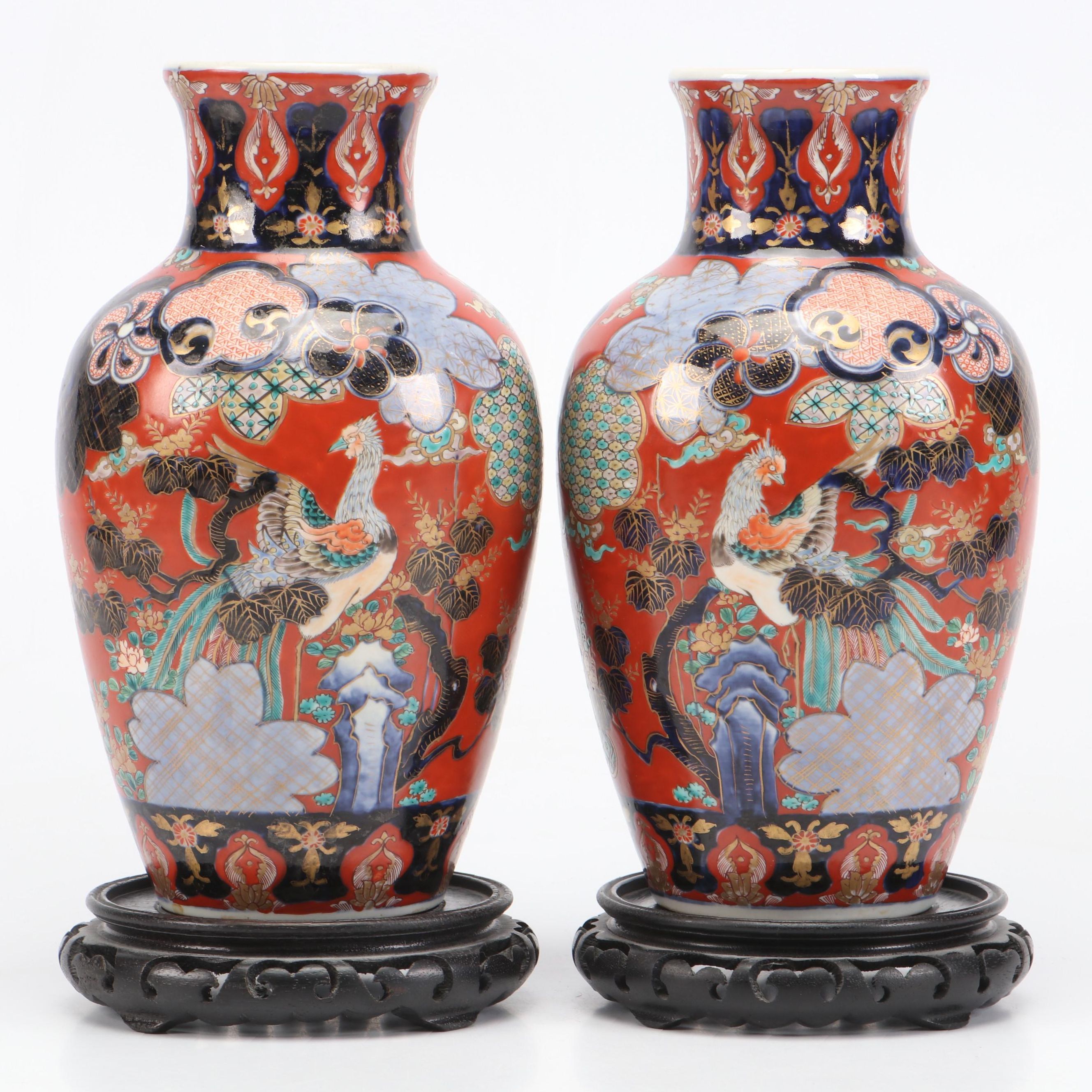 Pair of Japanese Porcelain Imari Baluster Vases with Wooden Stands