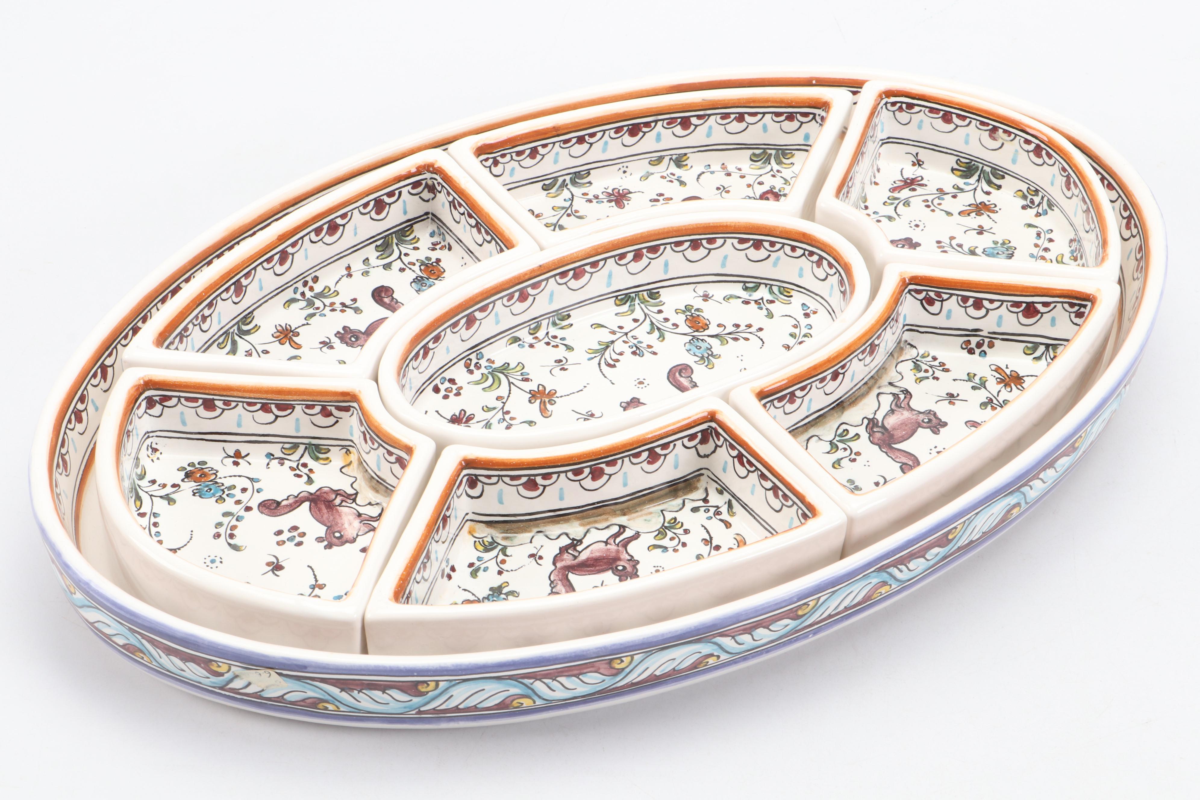 Pair of Portuguese Faïence Candle Holders and Oval Divided Snack Tray Platter