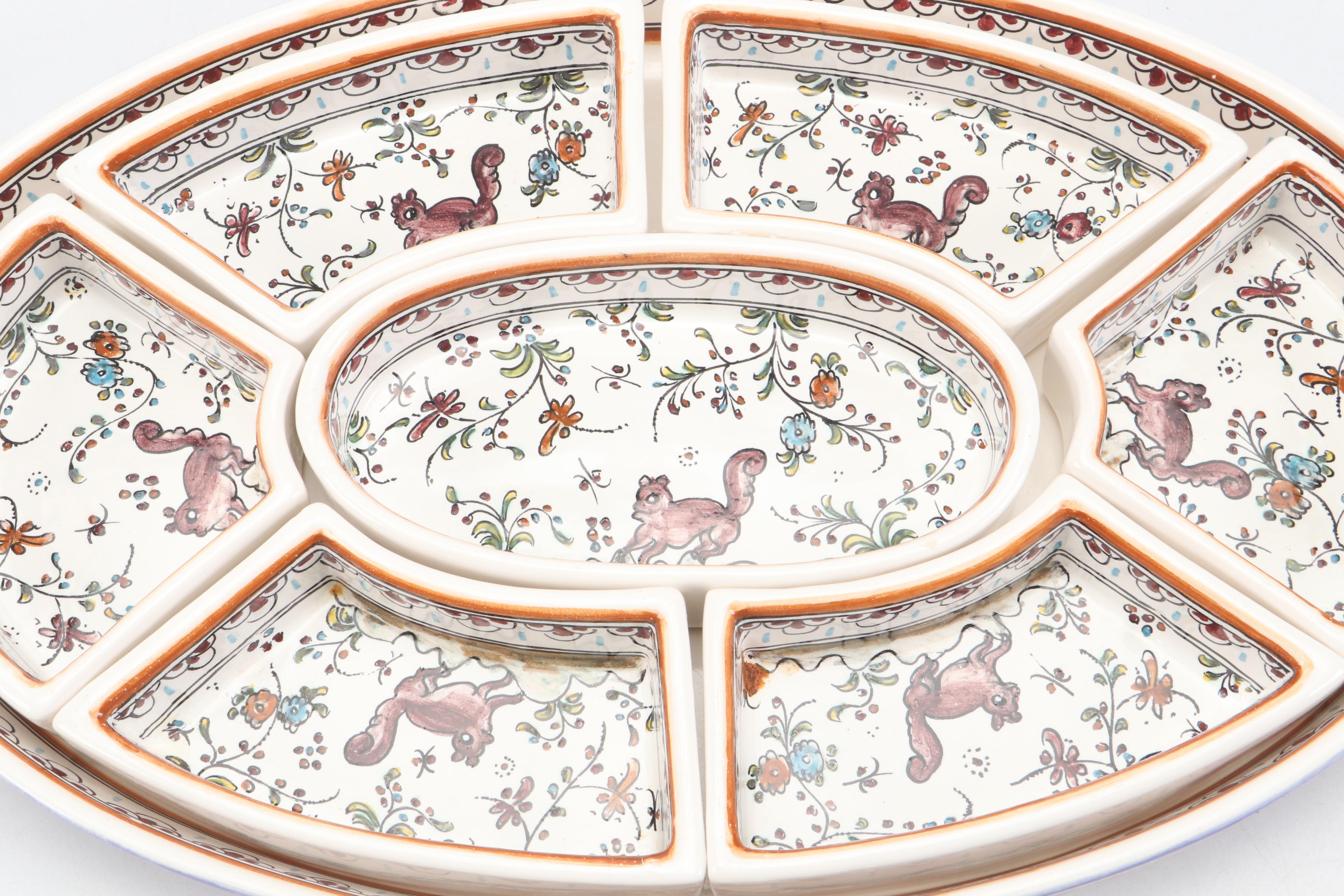 Pair of Portuguese Faïence Candle Holders and Oval Divided Snack Tray Platter