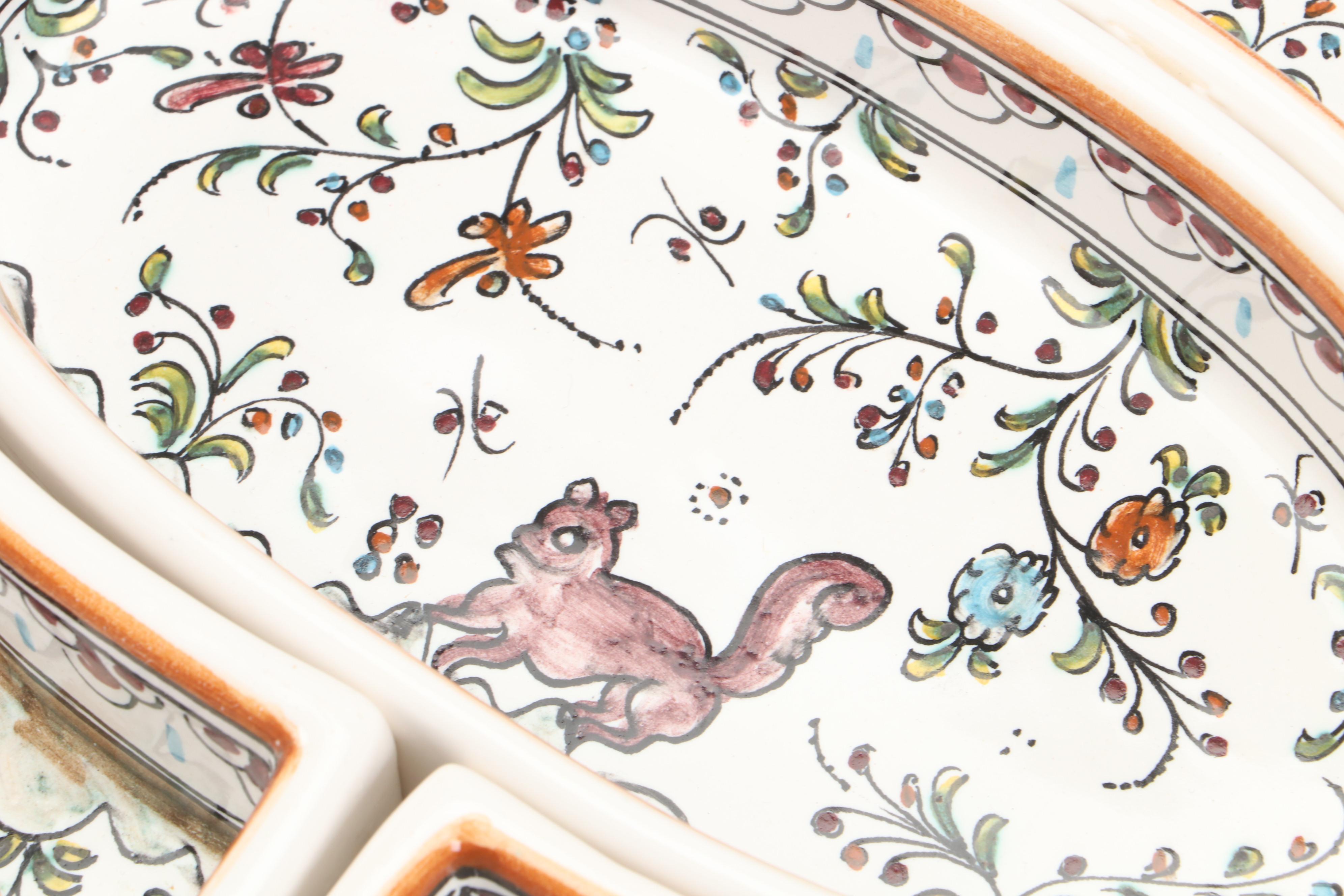 Pair of Portuguese Faïence Candle Holders and Oval Divided Snack Tray Platter