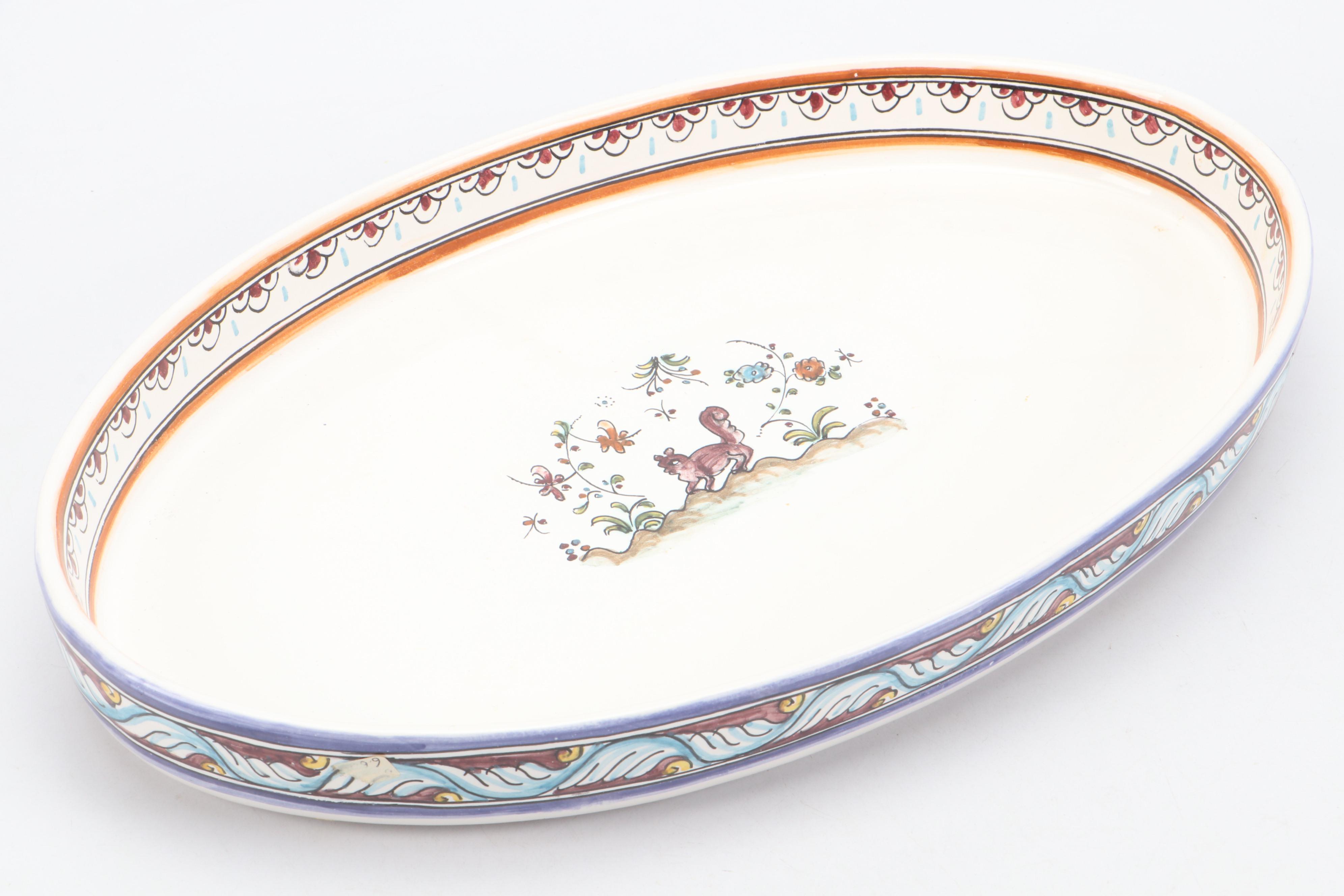 Pair of Portuguese Faïence Candle Holders and Oval Divided Snack Tray Platter