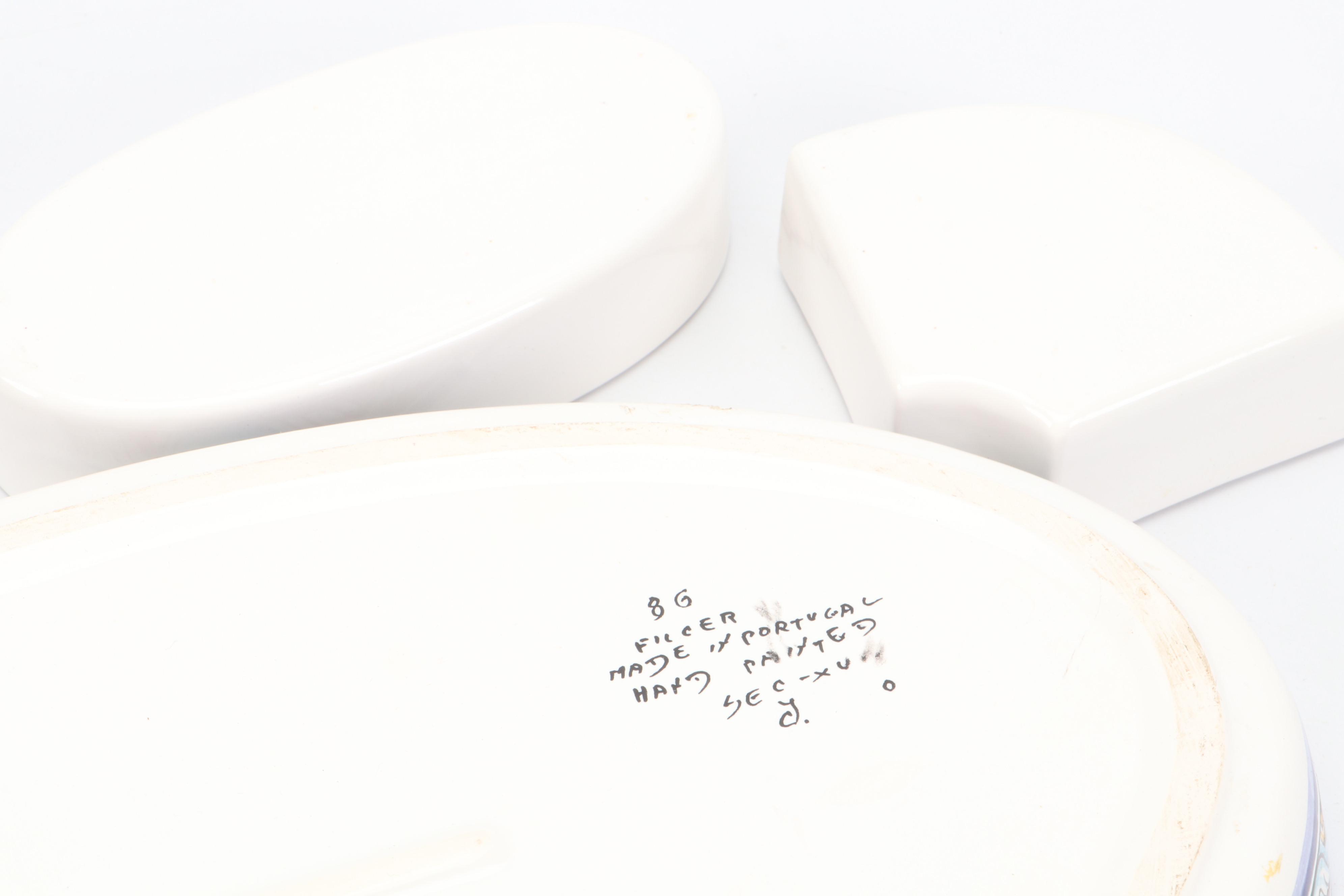 Pair of Portuguese Faïence Candle Holders and Oval Divided Snack Tray Platter