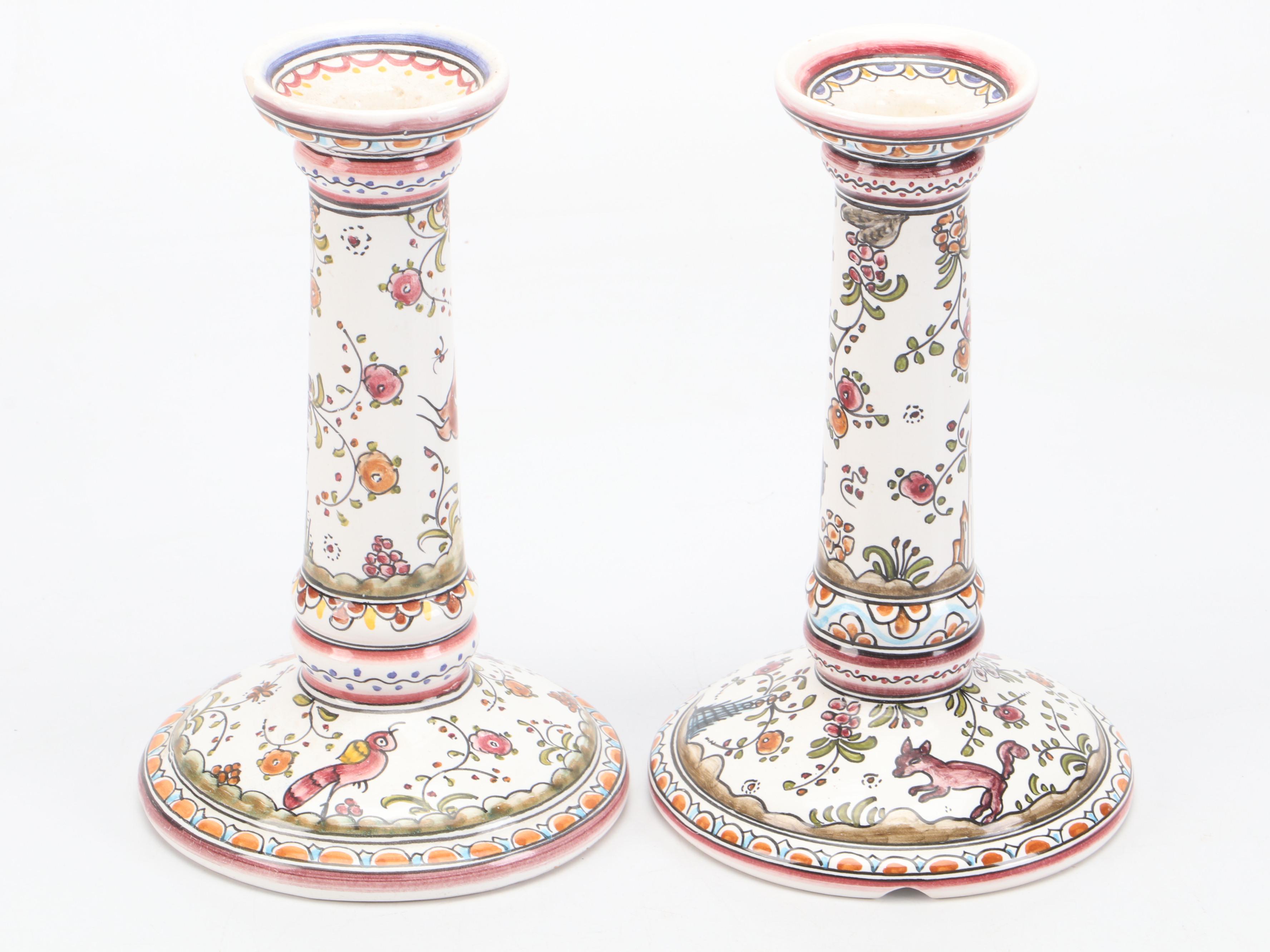 Pair of Portuguese Faïence Candle Holders and Oval Divided Snack Tray Platter