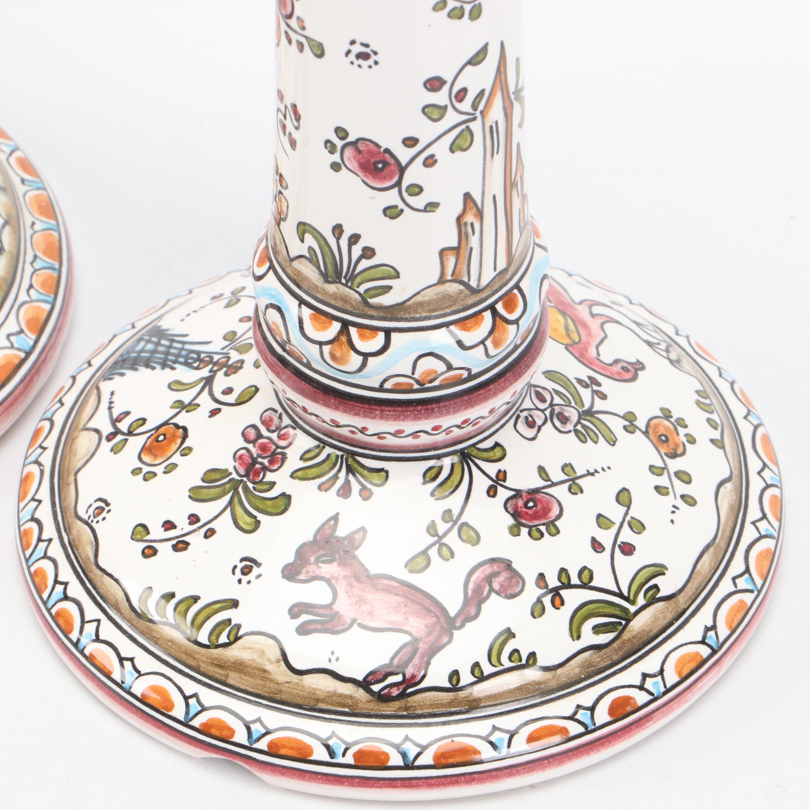 Pair of Portuguese Faïence Candle Holders and Oval Divided Snack Tray Platter