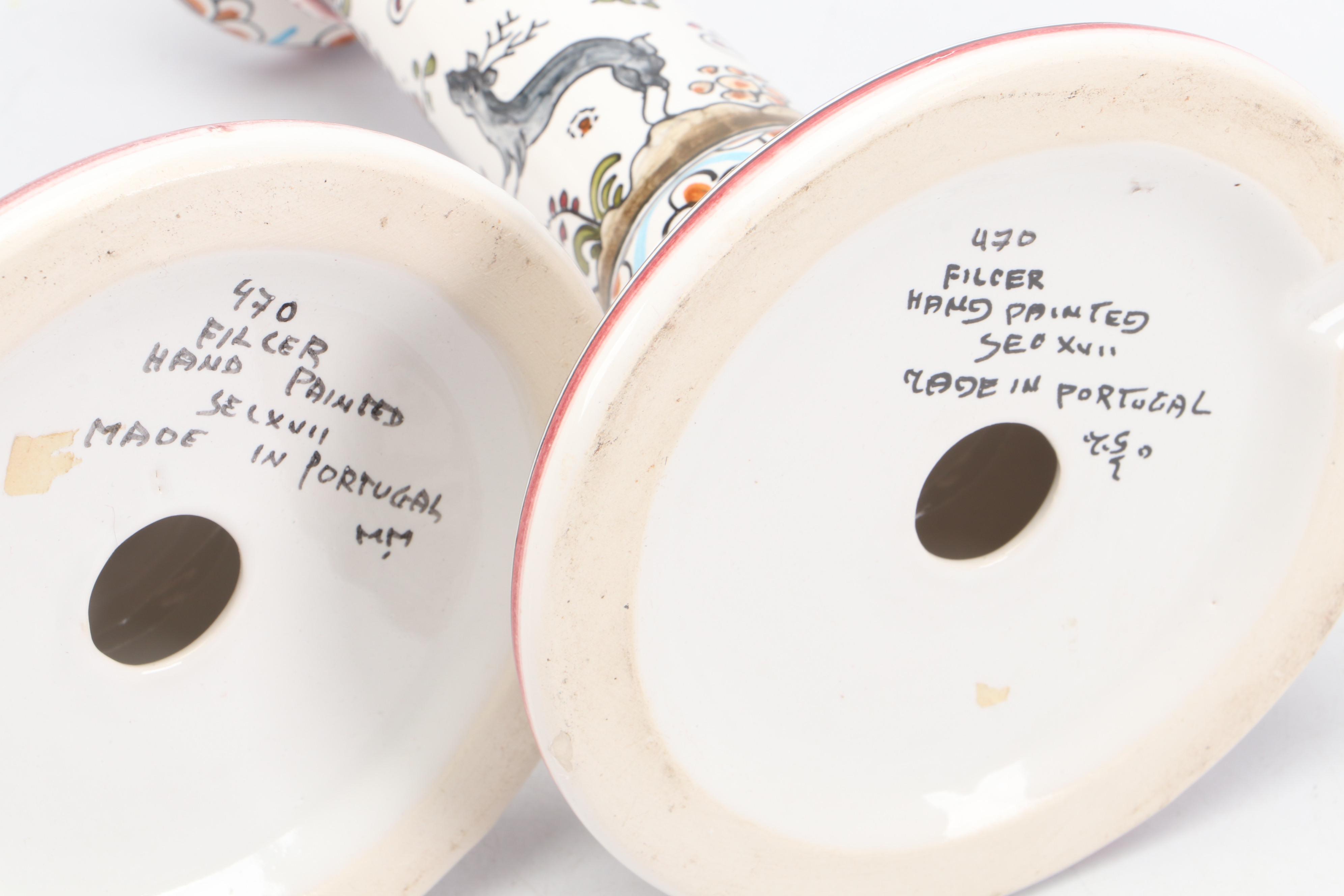 Pair of Portuguese Faïence Candle Holders and Oval Divided Snack Tray Platter