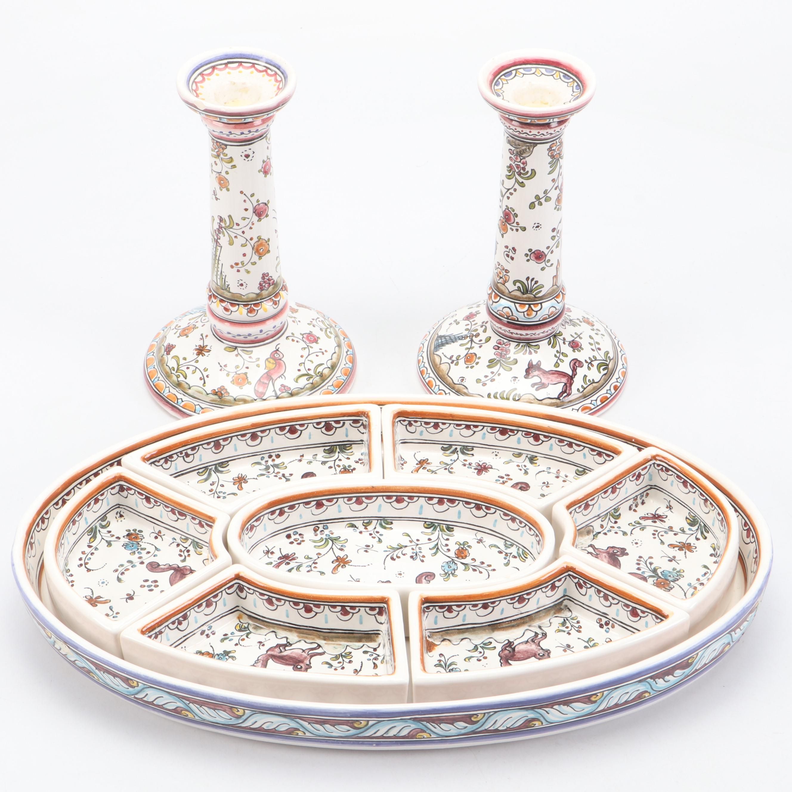 Pair of Portuguese Faïence Candle Holders and Oval Divided Snack Tray Platter