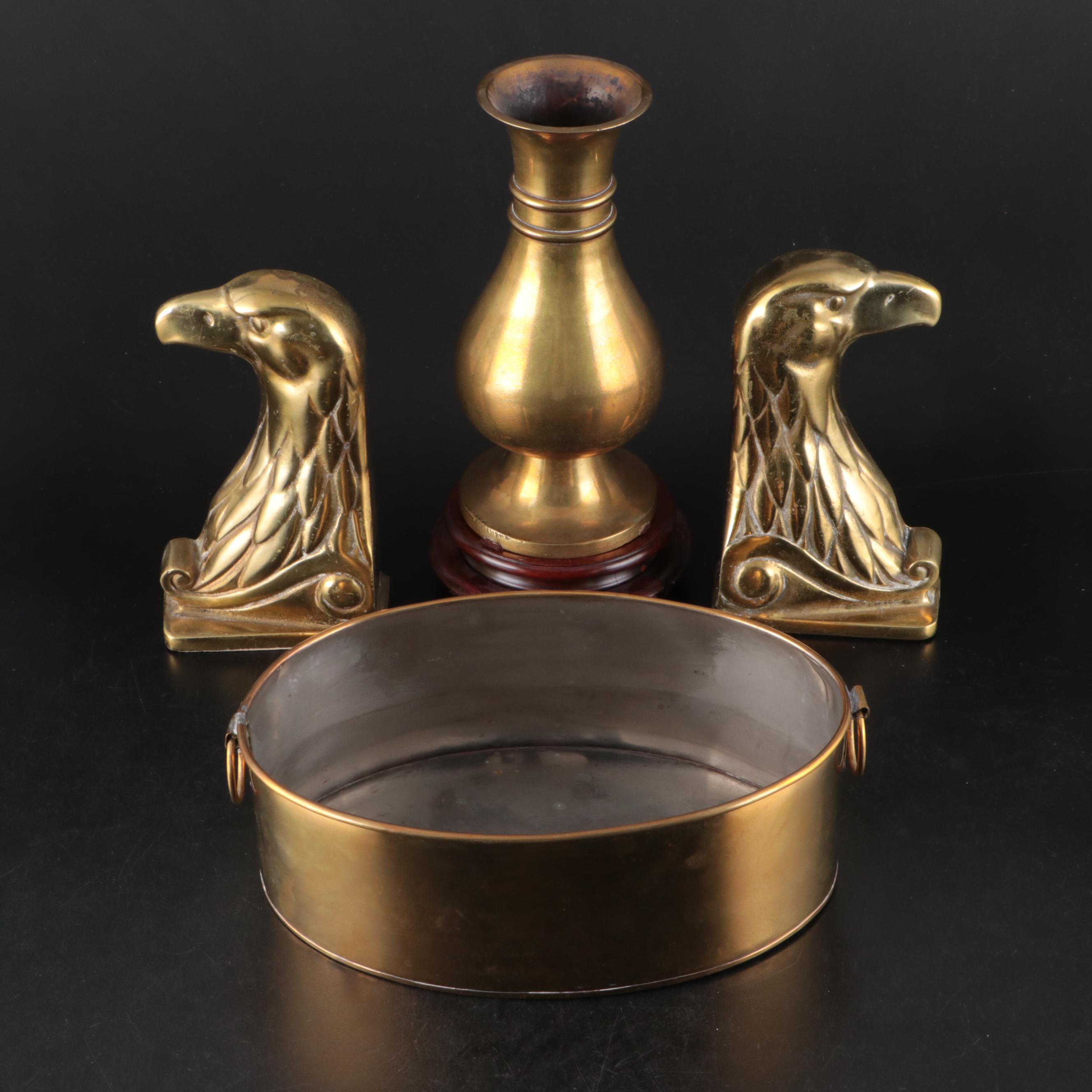 Brass Eagle Head Bookends with Vase and Planter