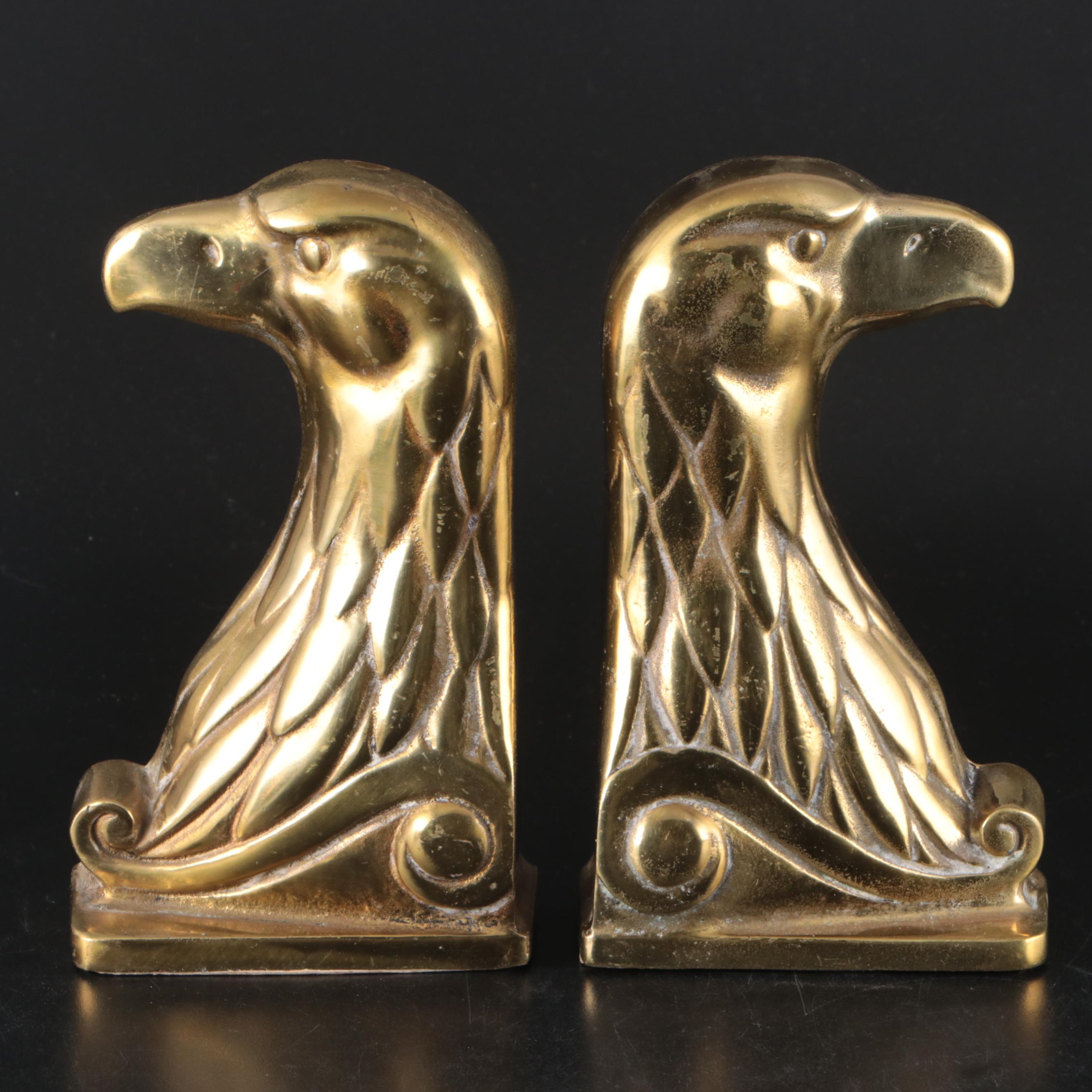 Brass Eagle Head Bookends with Vase and Planter