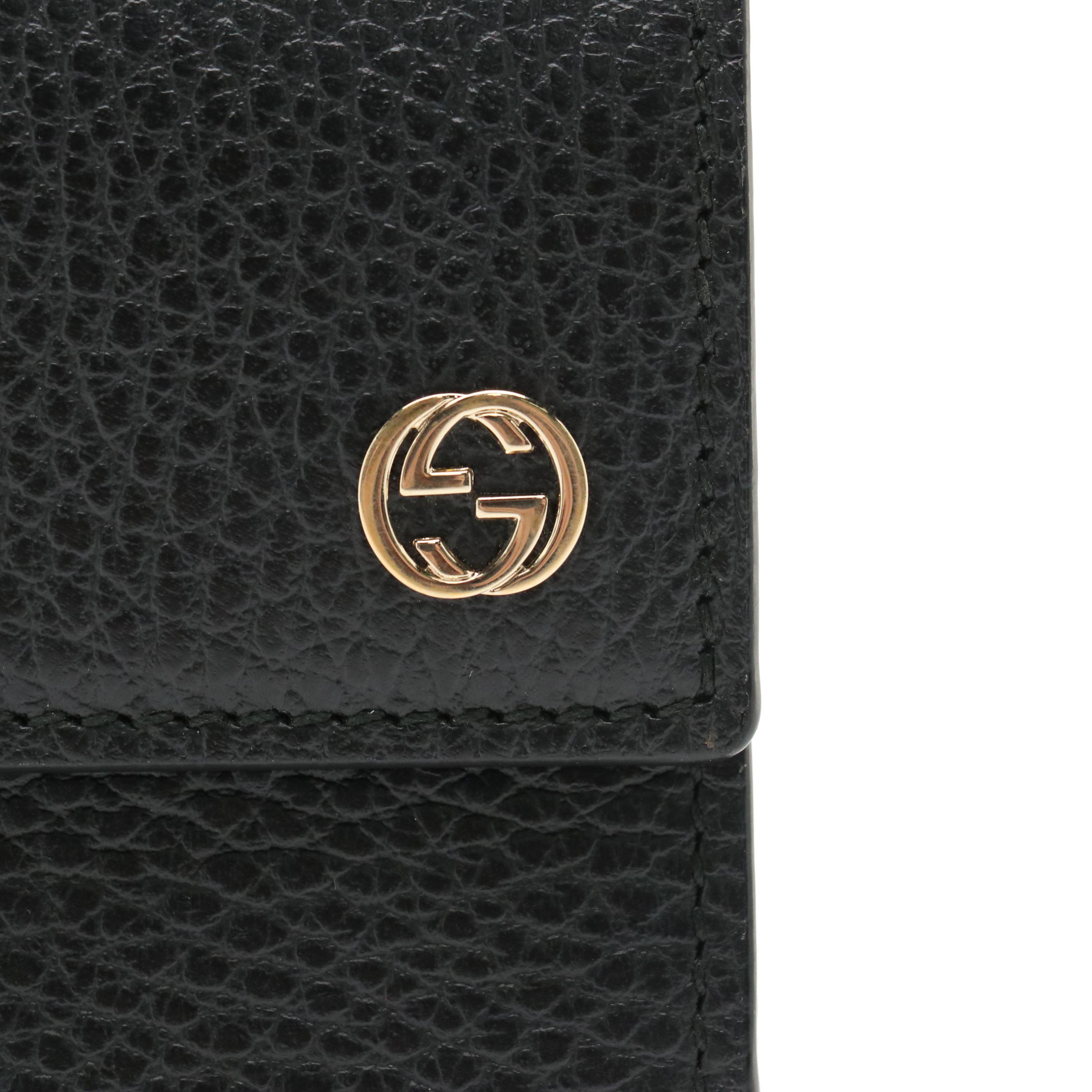 Gucci Interlocking GG Trifold Compact Wallet in Black Grained Leather