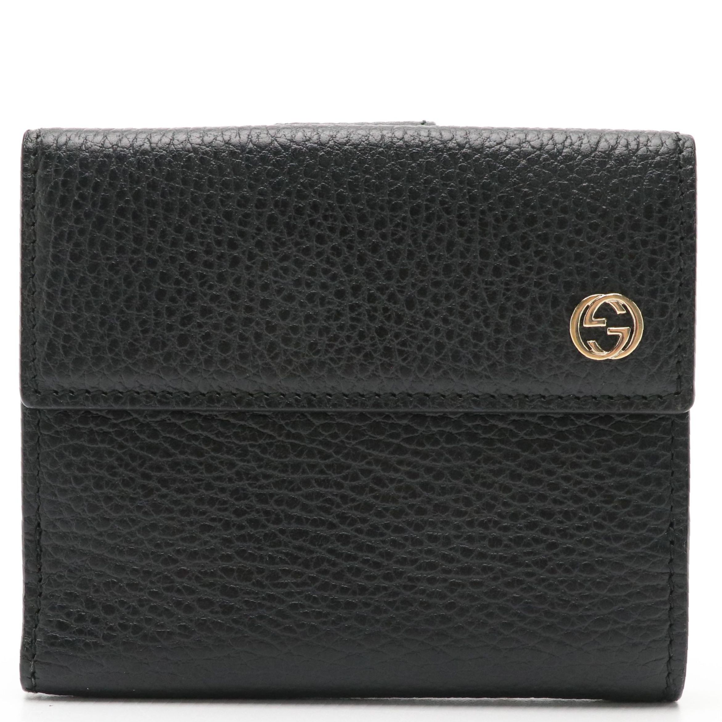 Gucci Interlocking GG Trifold Compact Wallet in Black Grained Leather
