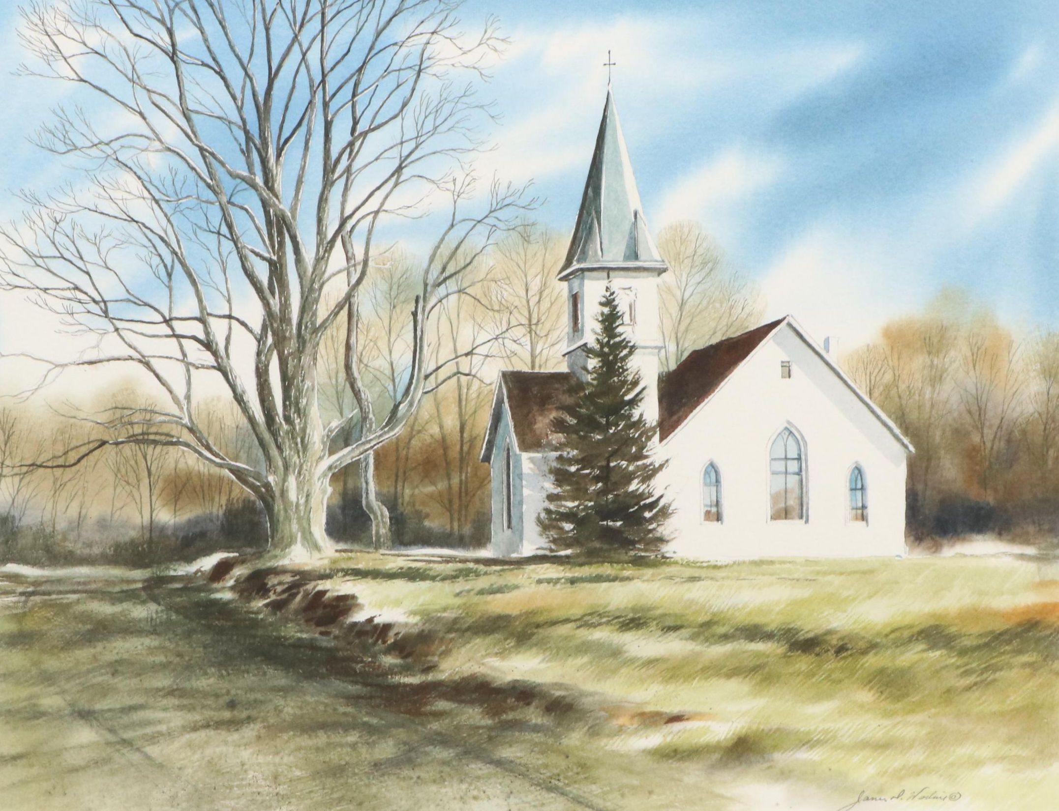 James Werline Landscape with Church Watercolor Painting, 21st Century