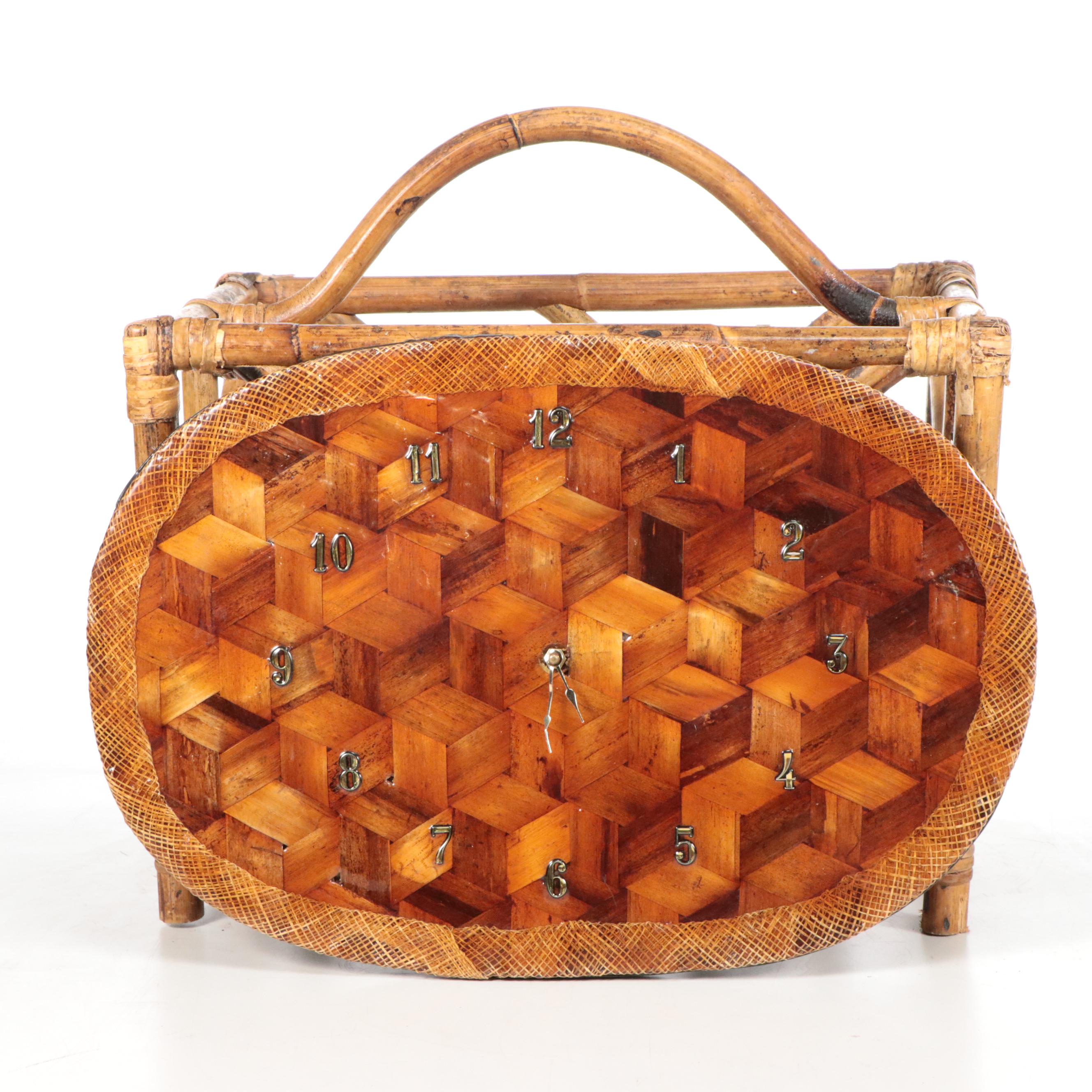 Mid Century Modern Style Bamboo Magazine Rack and Clock