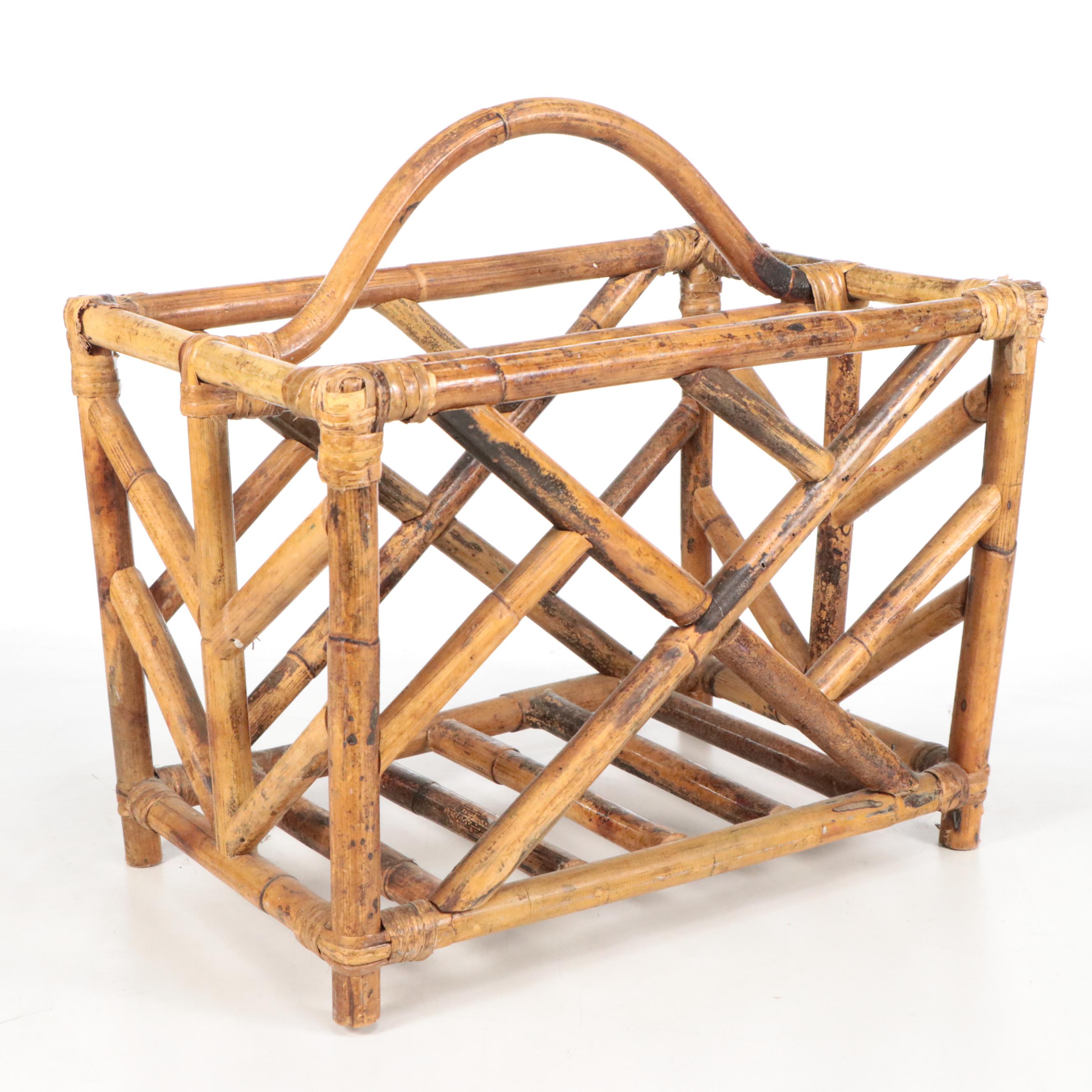 Mid Century Modern Style Bamboo Magazine Rack and Clock