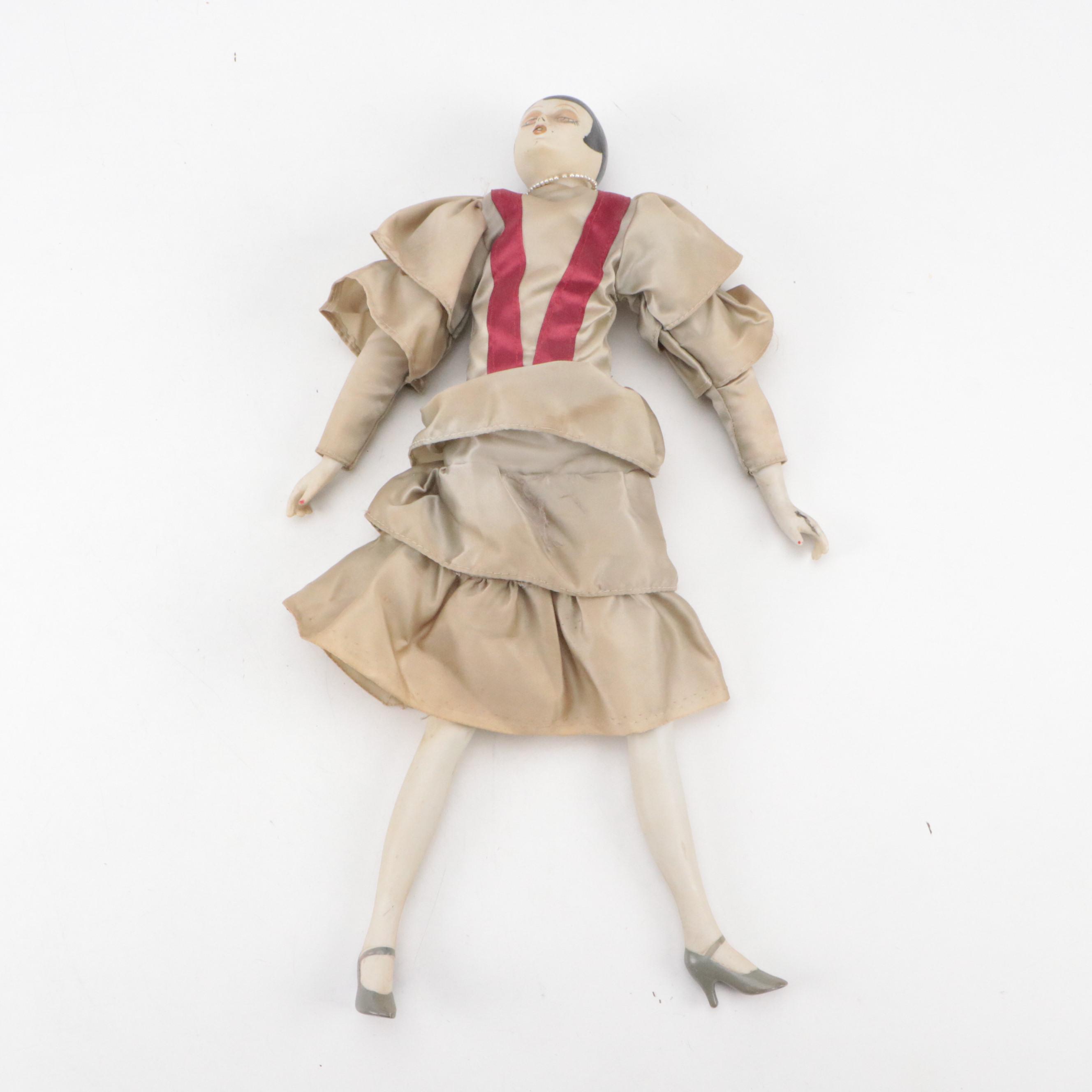 Art Deco Style Porcelain Flapper Boudoir Doll and Chairs, 20th Century