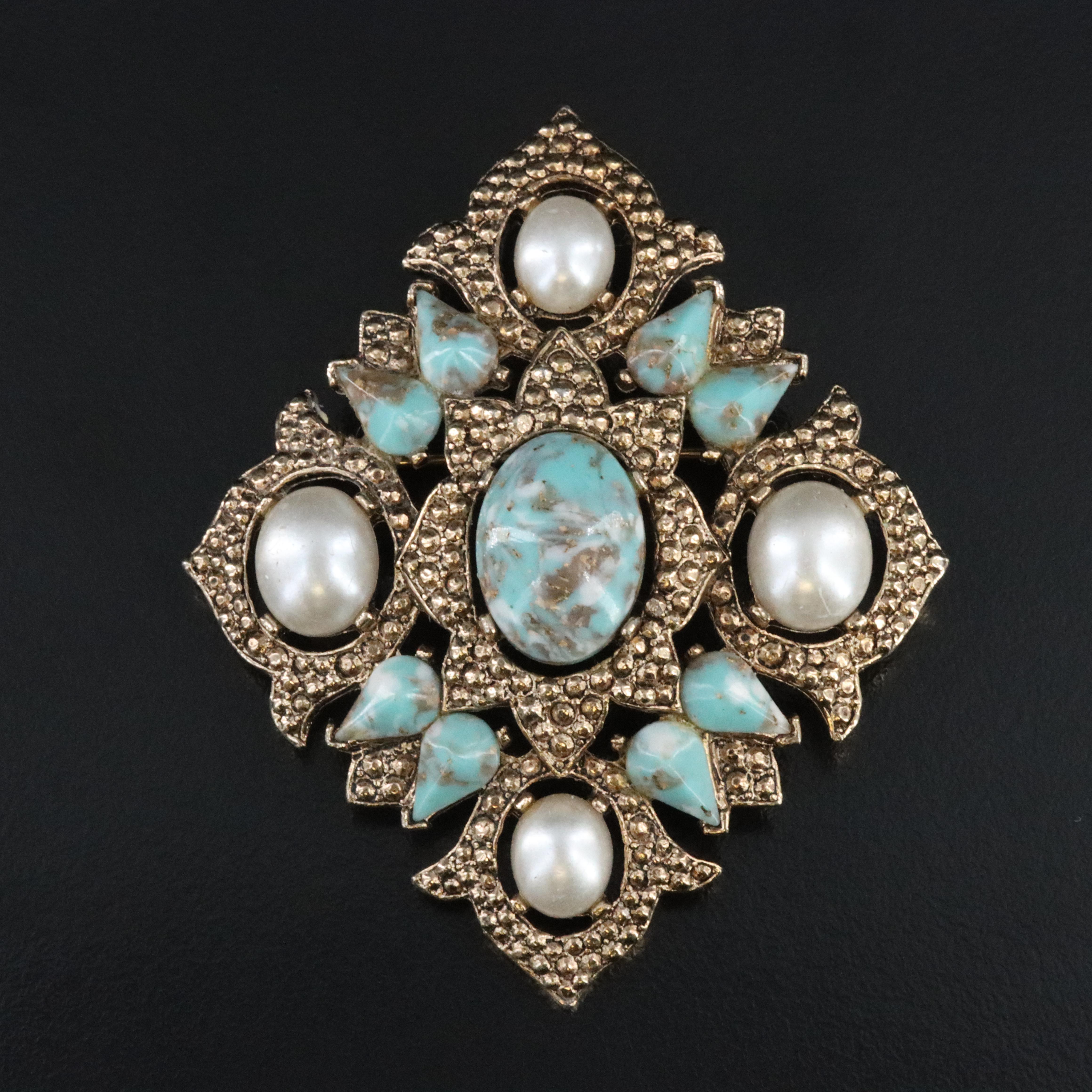 Sarah Coventry Faux Turqoise and Faux Pearl Brooch