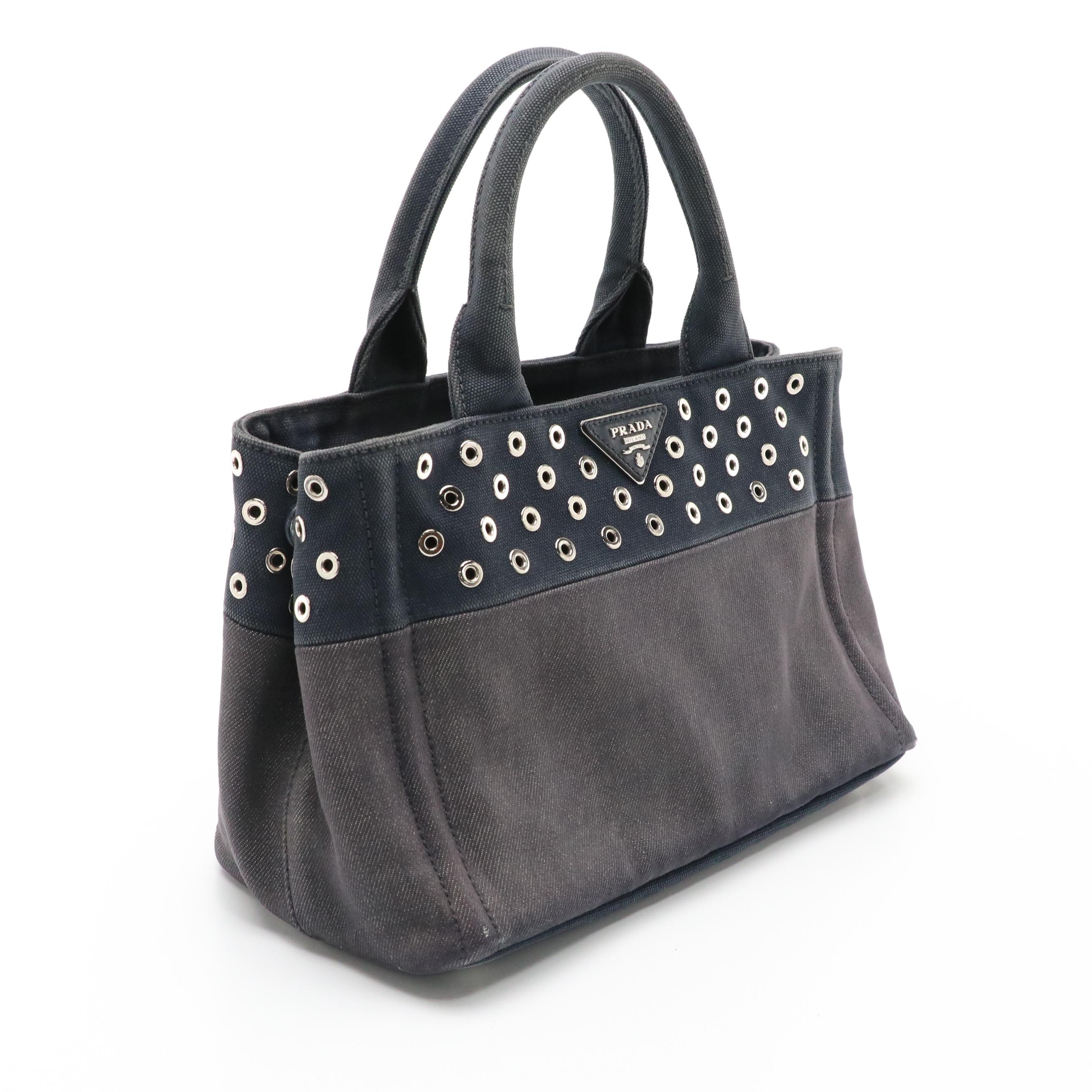 Prada Canapa Logo Two-Way Tote in Grommet Embellished Deep Blue Canvas and Denim