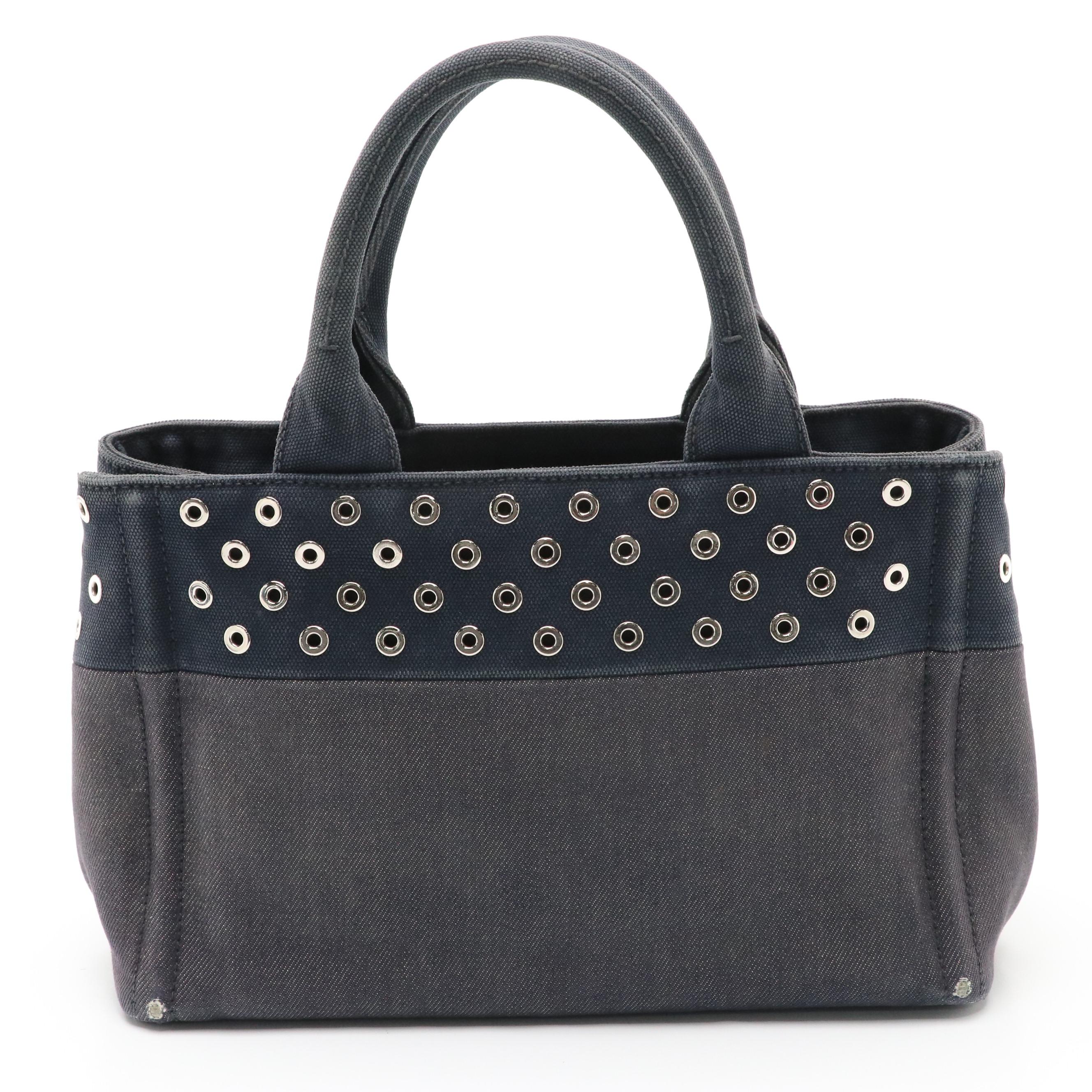 Prada Canapa Logo Two-Way Tote in Grommet Embellished Deep Blue Canvas and Denim
