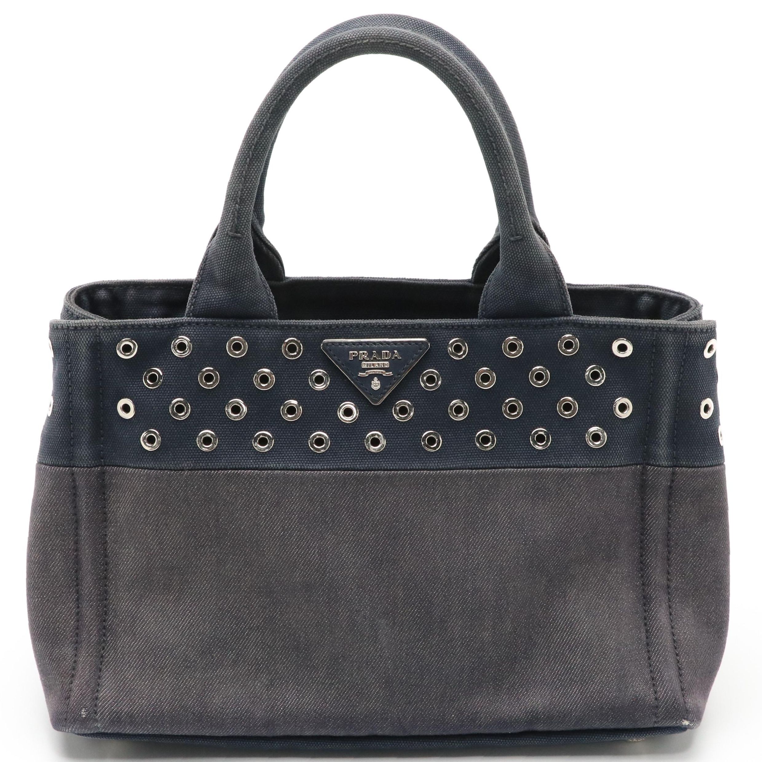 Prada Canapa Logo Two-Way Tote in Grommet Embellished Deep Blue Canvas and Denim