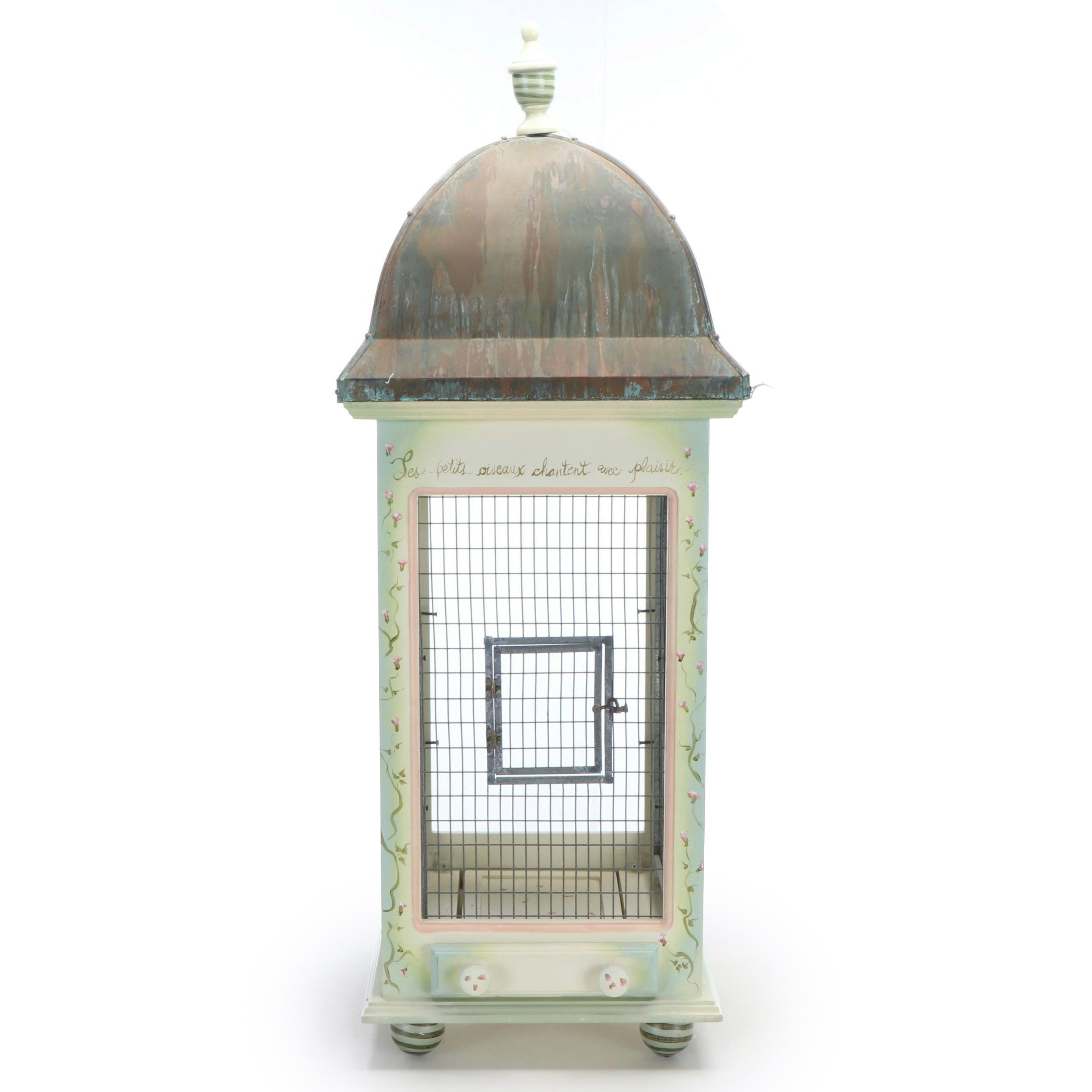 Metal Roofed Wooden Birdcage with Floral Motif