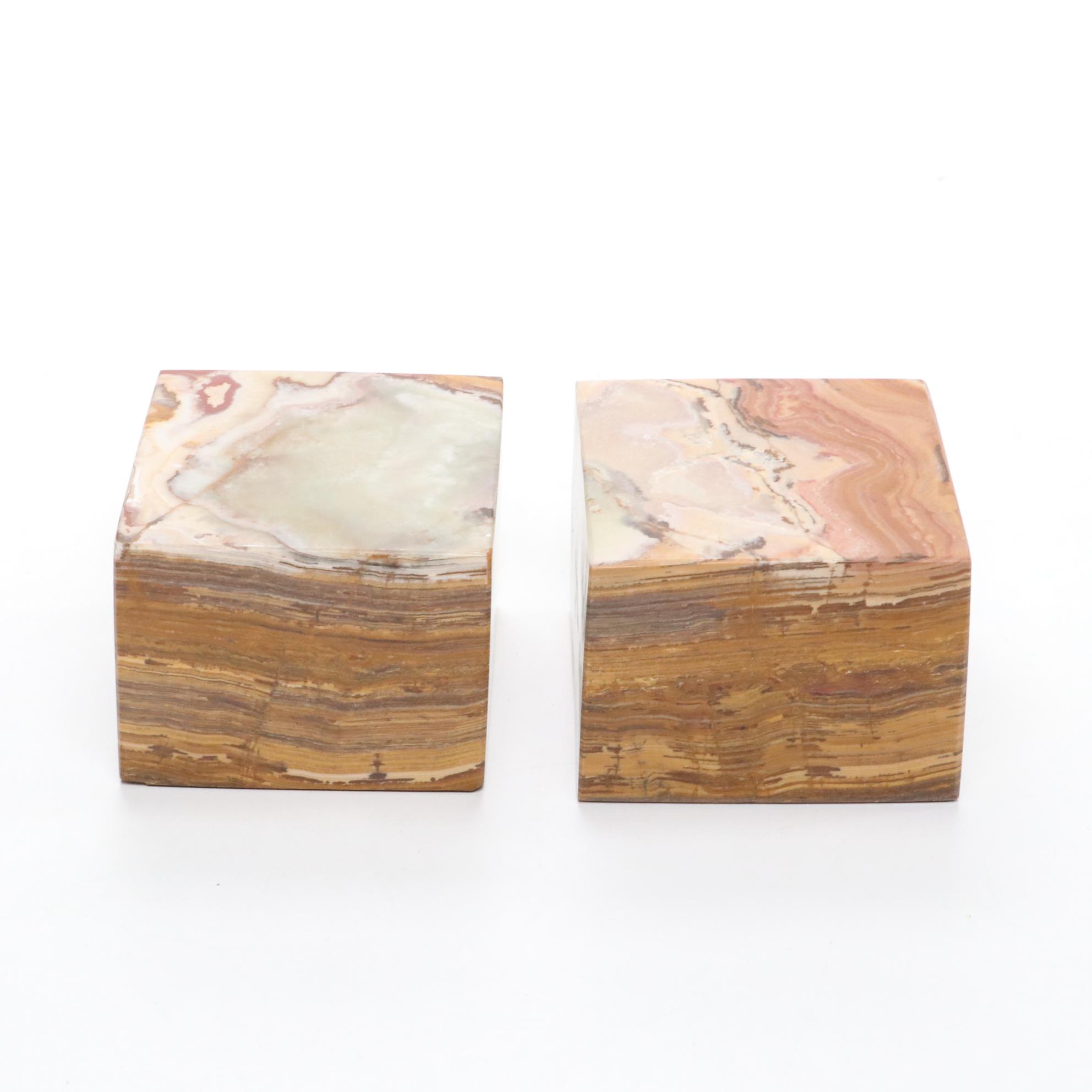Banded Agate Cube Bookends, Apple Measuring Tool, and Wooden Figurines