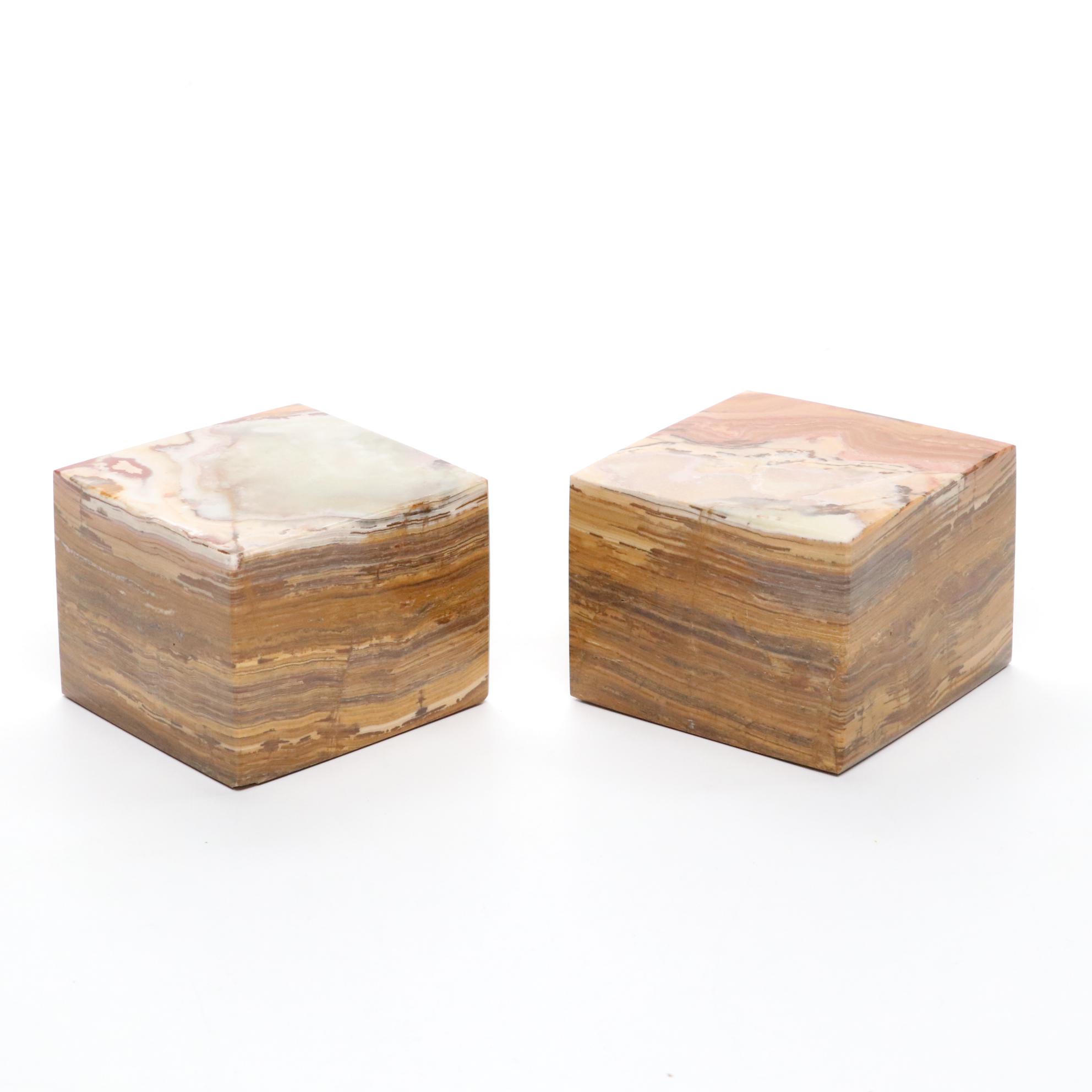 Banded Agate Cube Bookends, Apple Measuring Tool, and Wooden Figurines