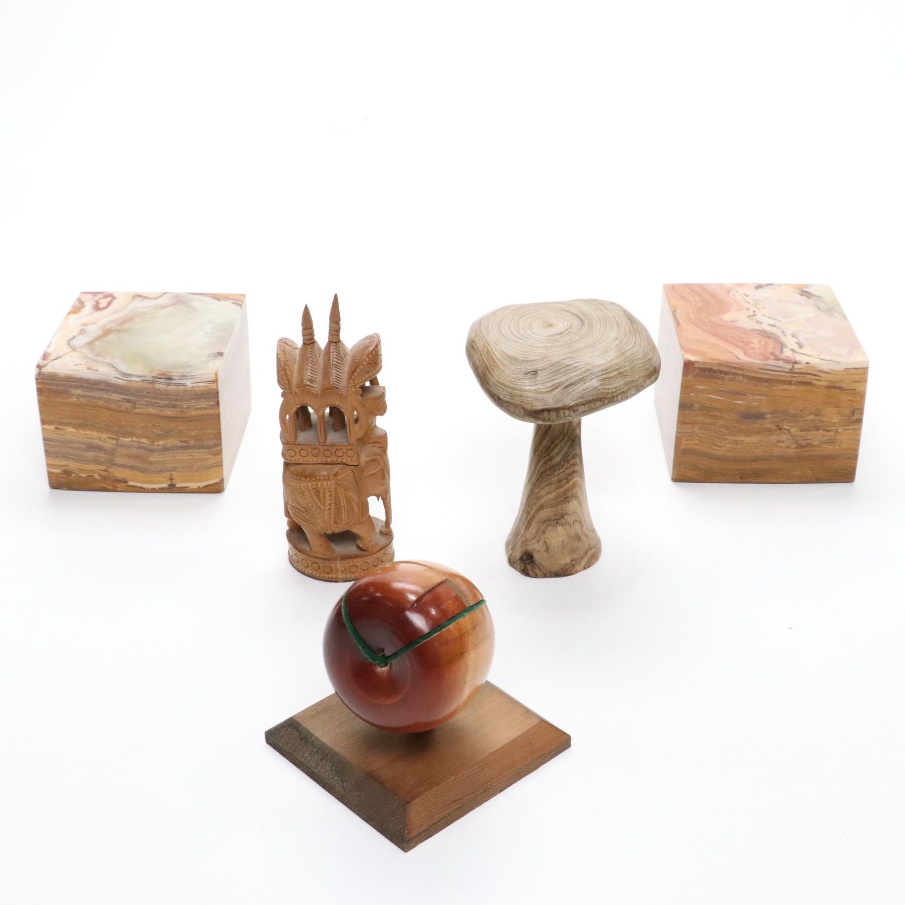 Banded Agate Cube Bookends, Apple Measuring Tool, and Wooden Figurines